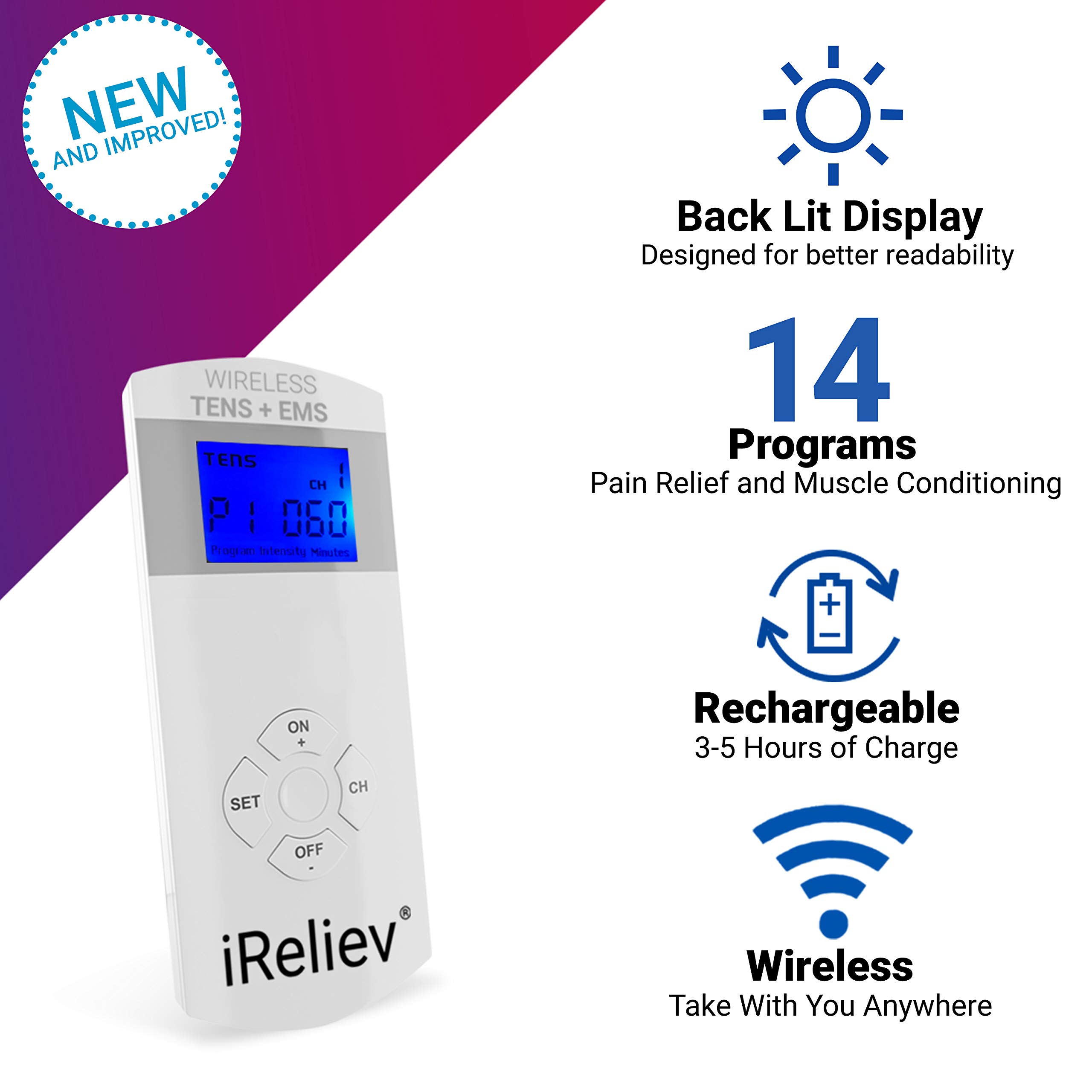 iReliev Wireless TENS + EMS Therapy Device - Pain Relief & Muscle Stimulator for Arthritis, Back Pain, Sore Muscles - Portable Wearable System with 4 Receiver Pods & Case - Perfect for Home Use, Workouts, and Post-Surgery Recovery