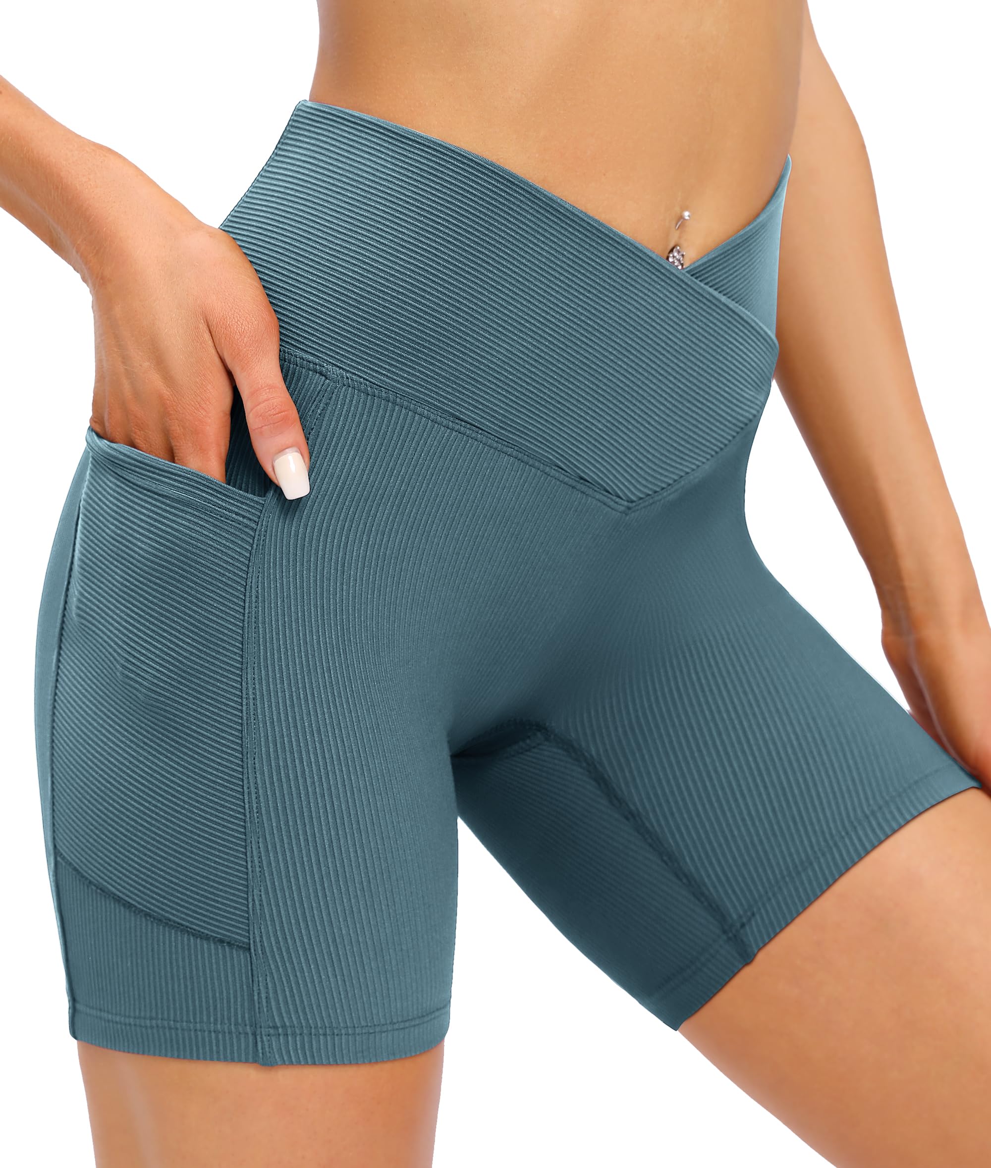 IUGA Women's High Waist Ribbed Biker Shorts - Tummy Control Cross Waist Spandex Workout Shorts with Pockets | Compression Yoga & Running Shorts for Gym, Cycling & Lounge Wear
