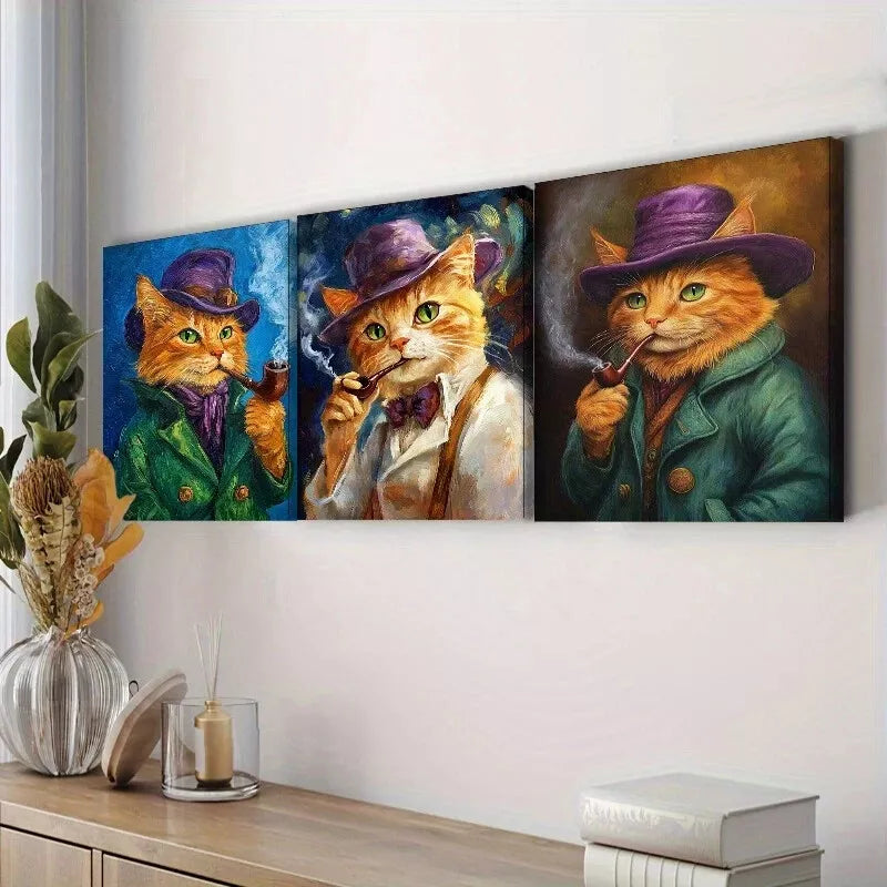 3-Piece Orange Cat with Pipe Wall Art Set - Framed Canvas Prints 40x60cm | High Quality Australian Made | Ready to Hang | Perfect for Living Room, Bedroom & Office Decor