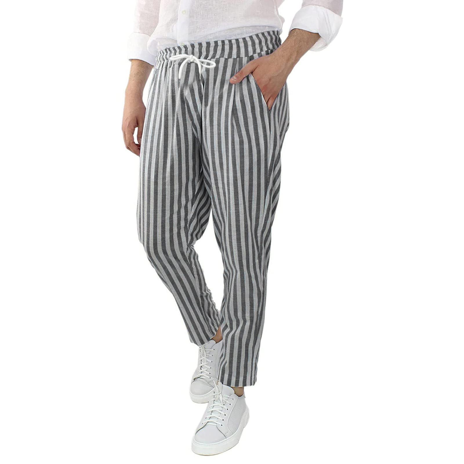 **Breathable Men's Dress Pants - Striped Casual Cotton Linen Trousers with Comfortable Waist & Loose Fit | Perfect for Office, Business & Smart Casual Wear**