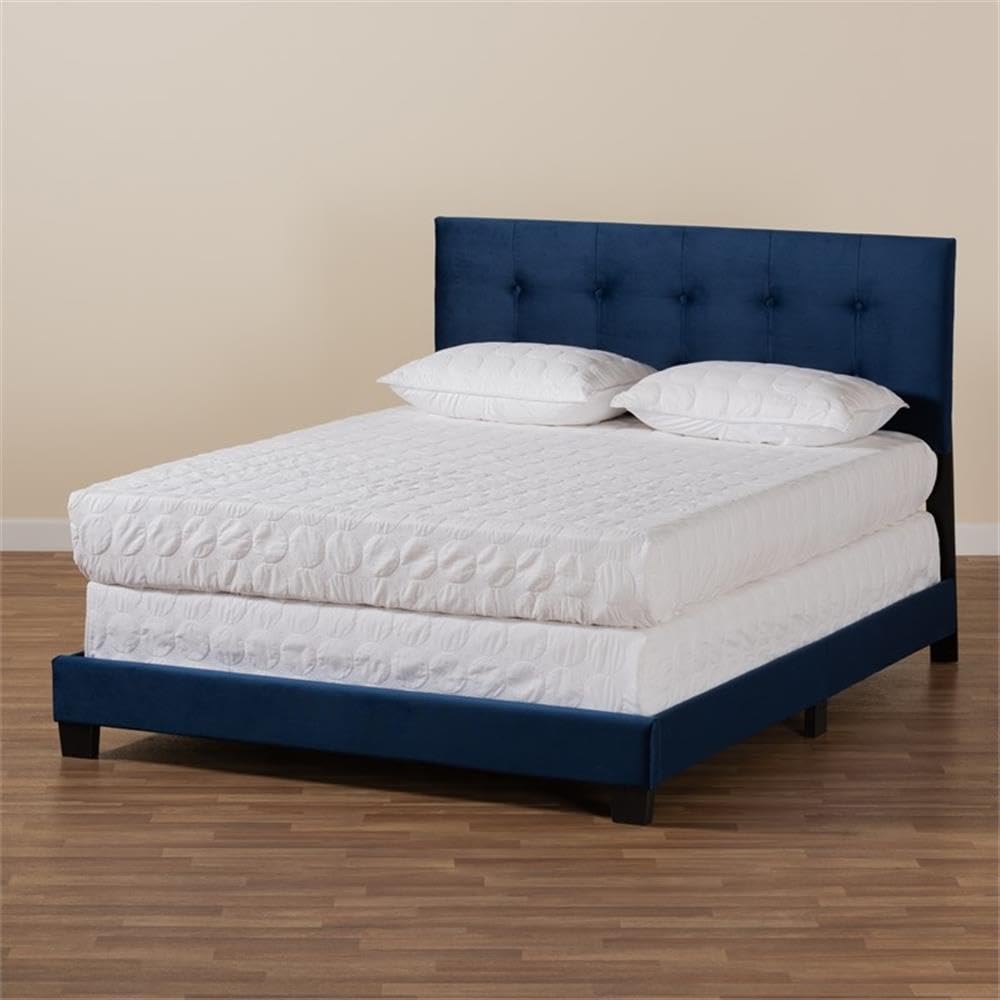 Baxton Studio Caprice Queen Size Panel Bed - Modern & Contemporary Navy Blue Velvet Upholstered Bed Frame for Master Bedroom, Guest Room & Luxury Home Decor