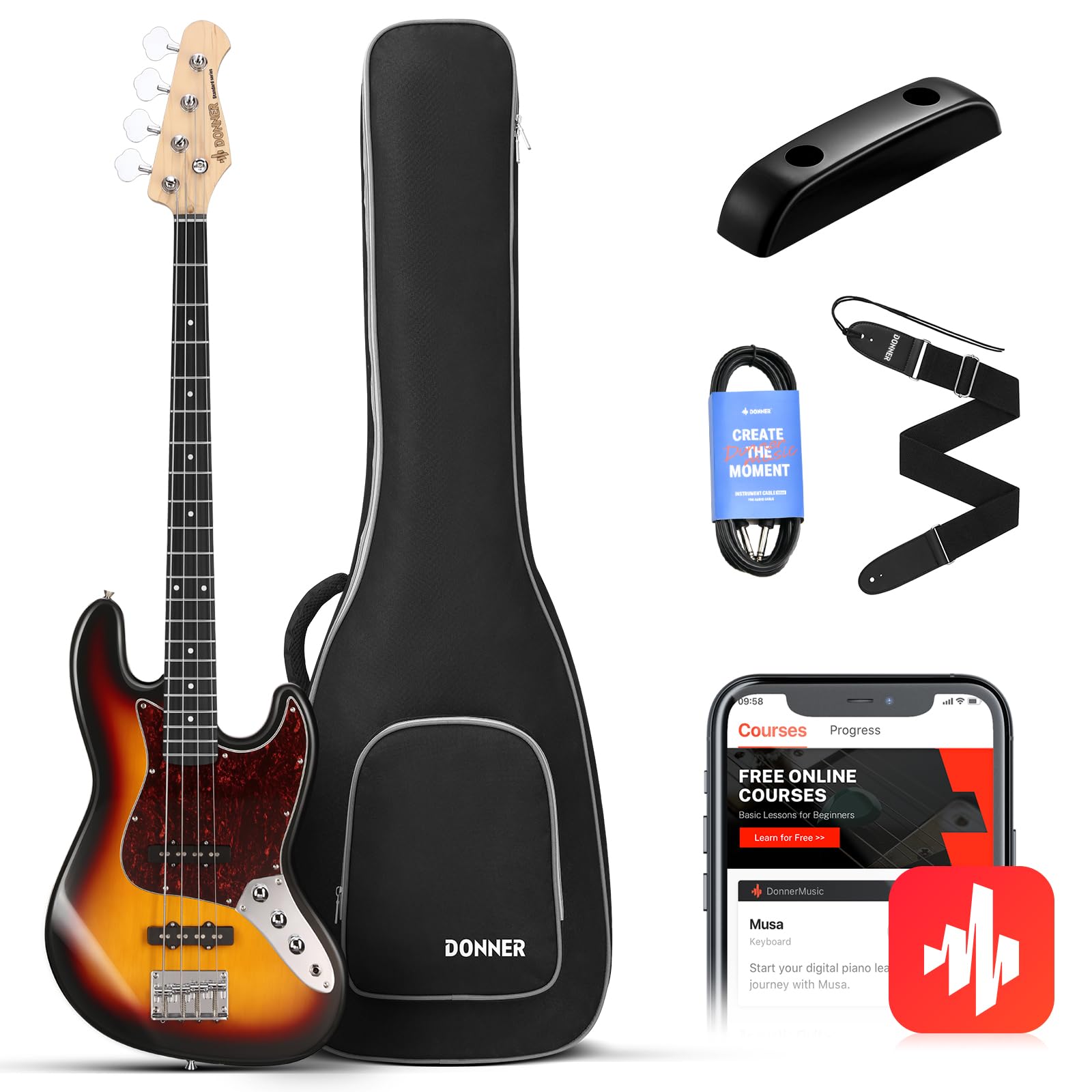 Donner DJB-510 4-String Full Size Electric Bass Guitar Kit for Beginners - Sunburst JB-Style Bass with Gig Bag, Strap, Cable & Free Online Lessons | Perfect for Practice, Recording & Live Performances