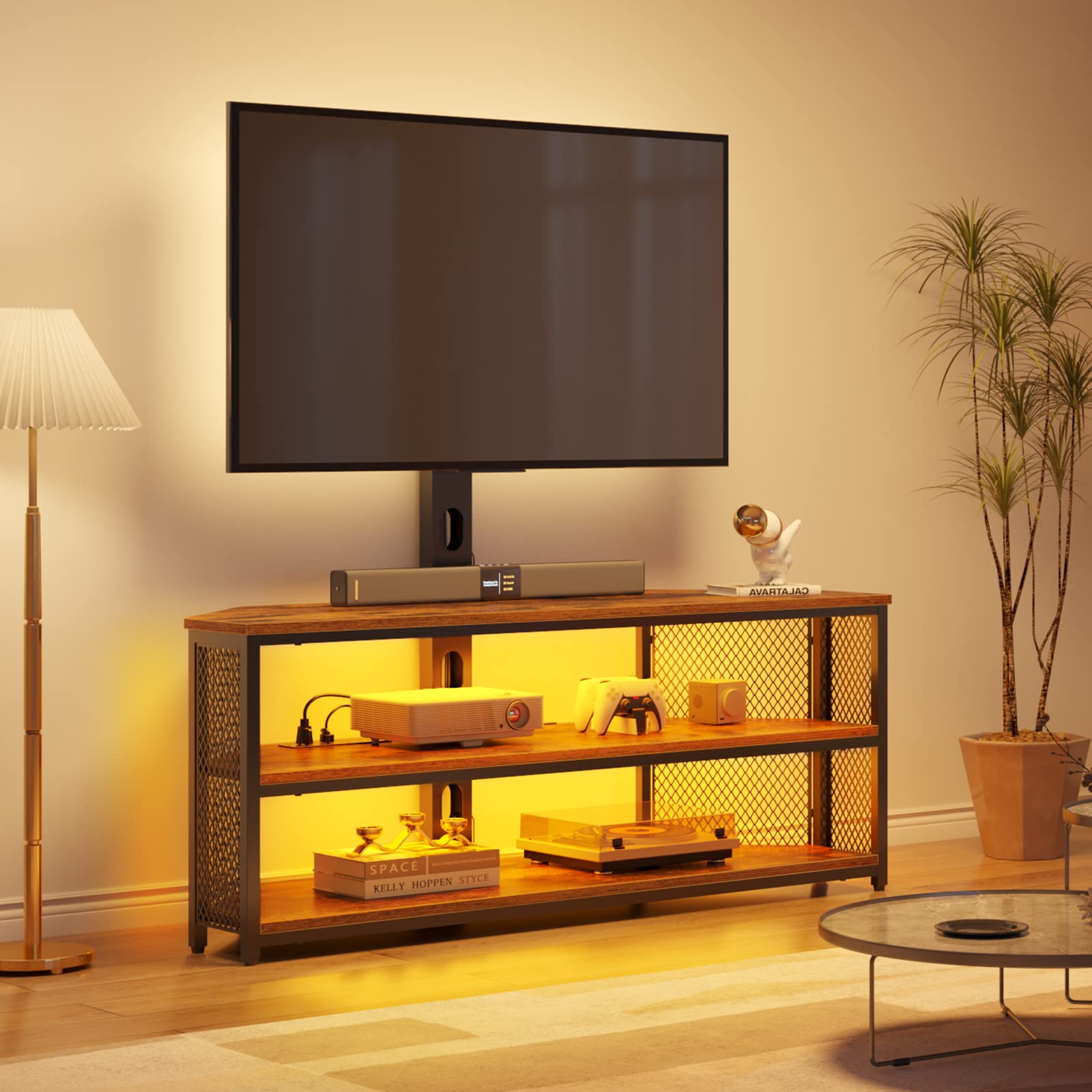 Rolanstar Rustic Brown TV Stand with Mount - Adjustable Height Swivel TV Stand for 32-70 Inch TVs, Built-in Power Outlet & LED Lights - Entertainment Center & Media Console for Living Room, Bedroom, Home Theater