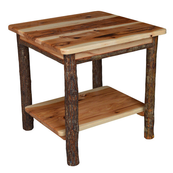 Solid Hickory Wood End Table with Shelf - Stylish & Durable Side Table for Living Room, Bedroom, or Office