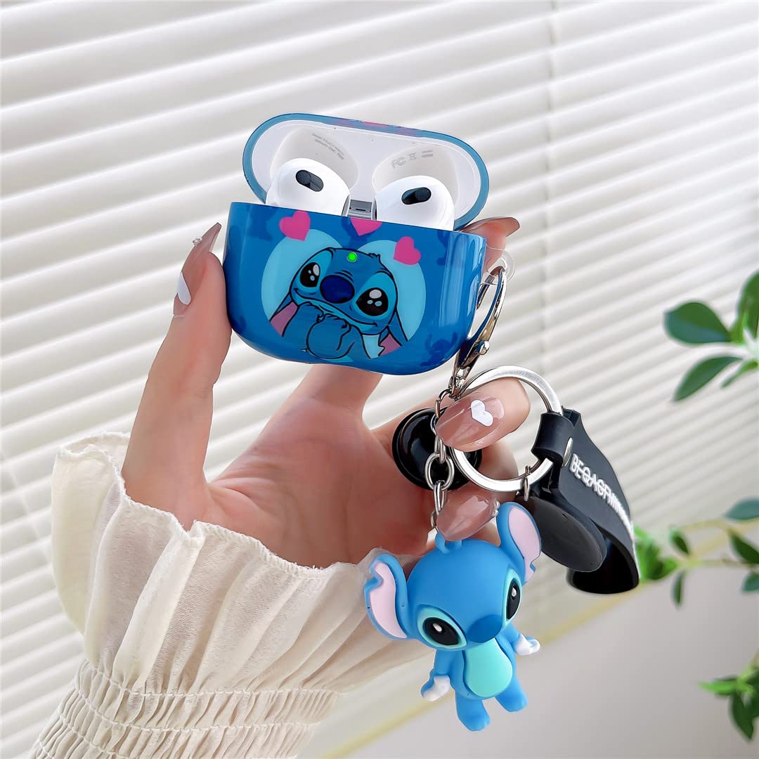 Cute Stitch AirPods 3 Case with Keychain - Protective Hard Cover for Women & Girls, LED Visible - Perfect for Travel & Daily Use