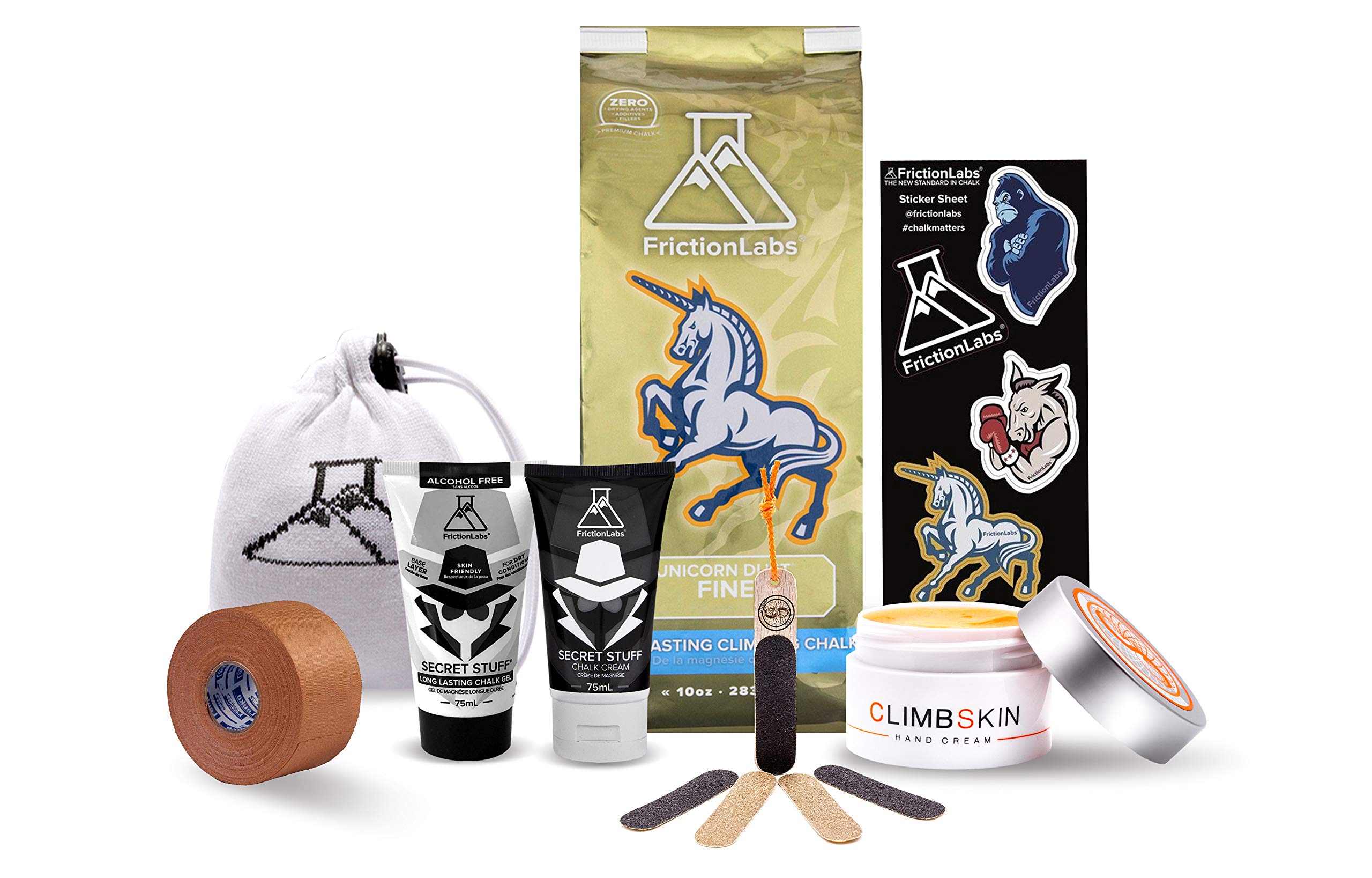 FrictionLabs Complete Rock Climbing Kit - Unicorn Dust Chalk, Secret Stuff Liquid Chalk (Original & Alcohol-Free), Magic Chalk Ball, Climbskin Hand Repair, File, Leukotape & Stickers | Perfect for Indoor & Outdoor Climbing, Bouldering & Training