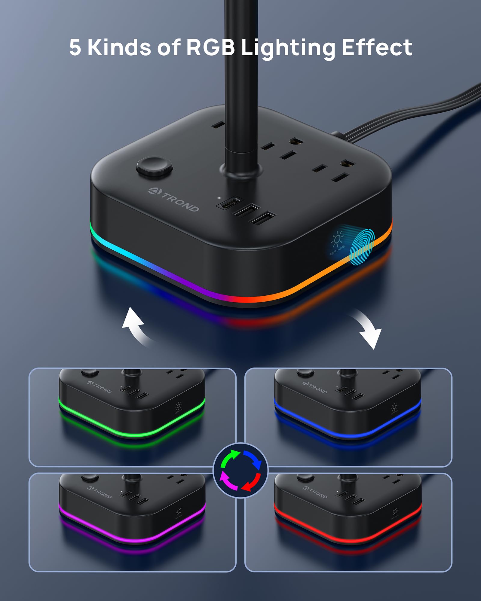 TROND RGB Gaming Headphone Stand with USB C & AC Outlets - 5 Light Modes, 3 Power Outlets, 2 USB A & 1 USB C Ports - Perfect Gaming Desk Accessory & Gamer Gift for PC, PS5, Xbox Setup - Ideal for Streaming, Esports & Home Office Workspace