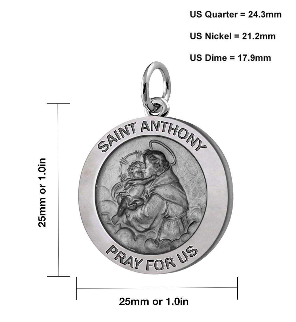 US Jewels And Gems Men's 925 Sterling Silver Saint Anthony 1 Inch Antique Finish Round Pendant Necklace - 18 to 24 Inch Adjustable Chain - Religious Jewelry Gift for Baptism, Confirmation & Daily Wear