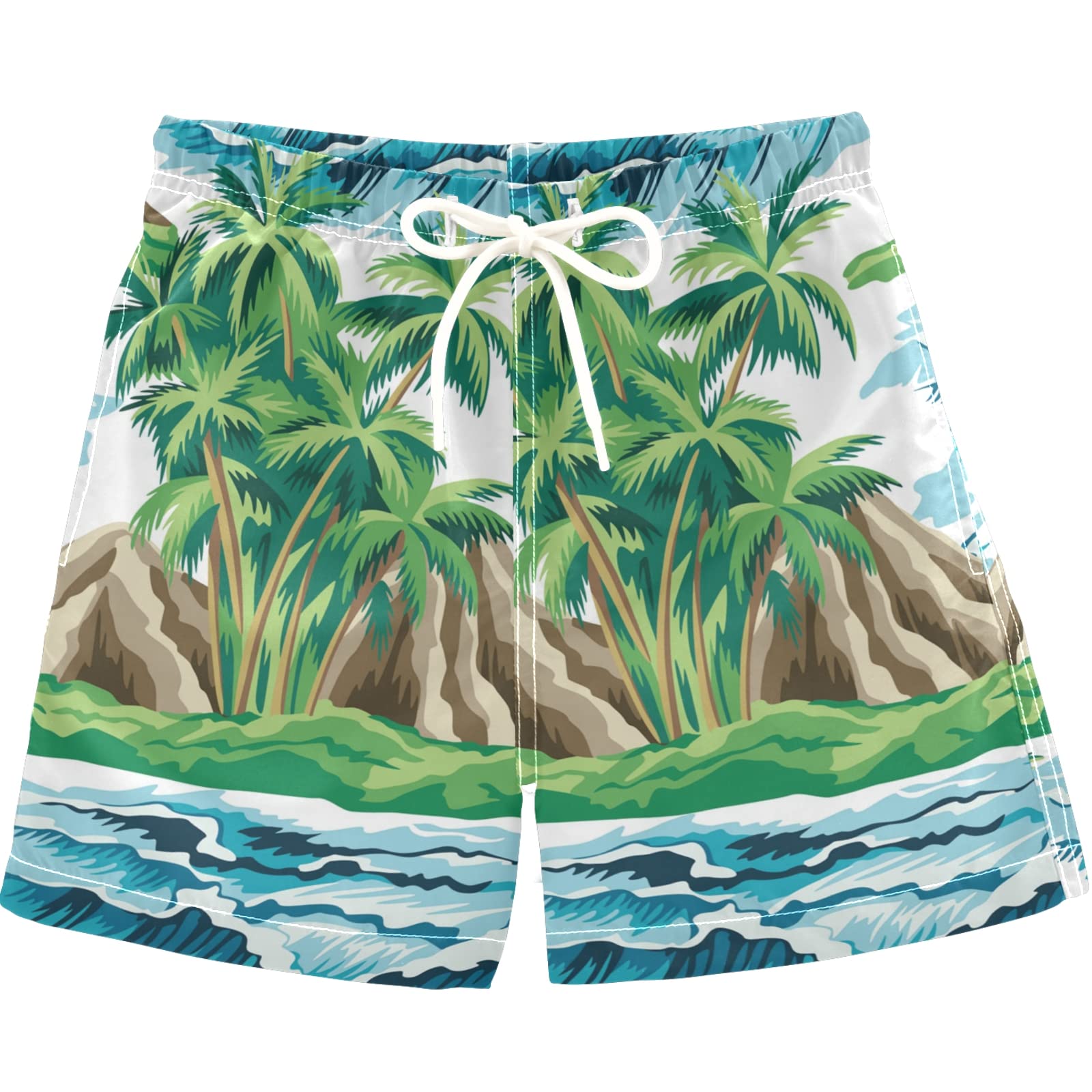 **Visesunny Boys Swim Trunks - Coconut Tree Island Blue Sea Swimwear for Toddlers & Kids | Quick-Dry, Comfortable Baby Boy Bathing Suits for Beach, Pool & Summer Fun**