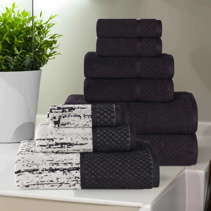 Premium 9-Piece Cotton Plush Jacquard Towel Set - Soft & Absorbent Solid & Two-Toned Bath Towels for Luxury Bathroom & Spa Experience