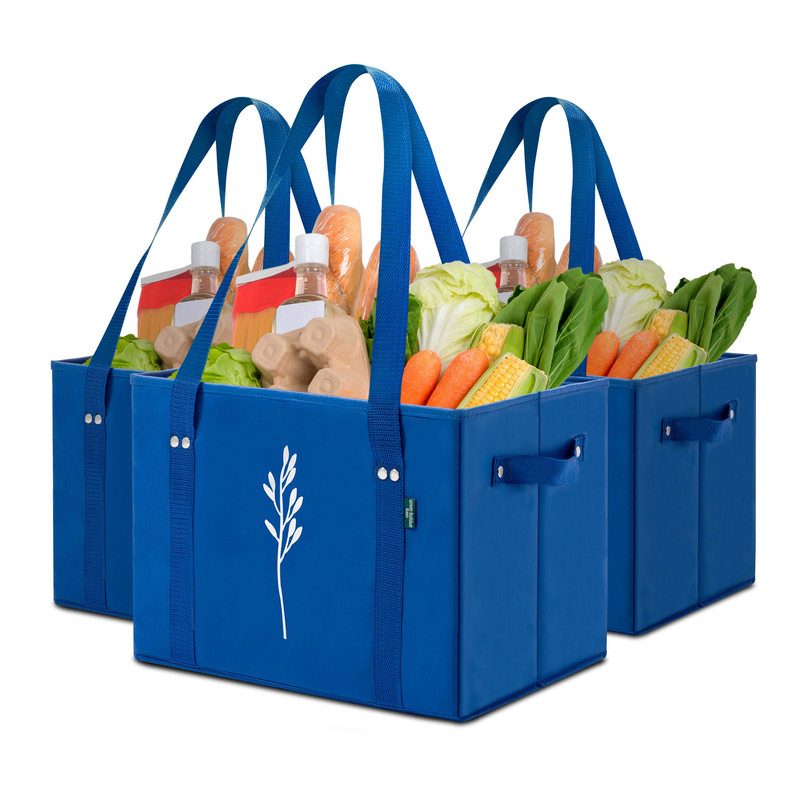 Eco-Friendly Heavy Duty Reusable Grocery Bags - Foldable Washable Canvas Tote Shopping Bags with Straps & Handles (Set of 3, Blue) - Perfect for Groceries, Farmers Market, Beach Trips & Daily Errands