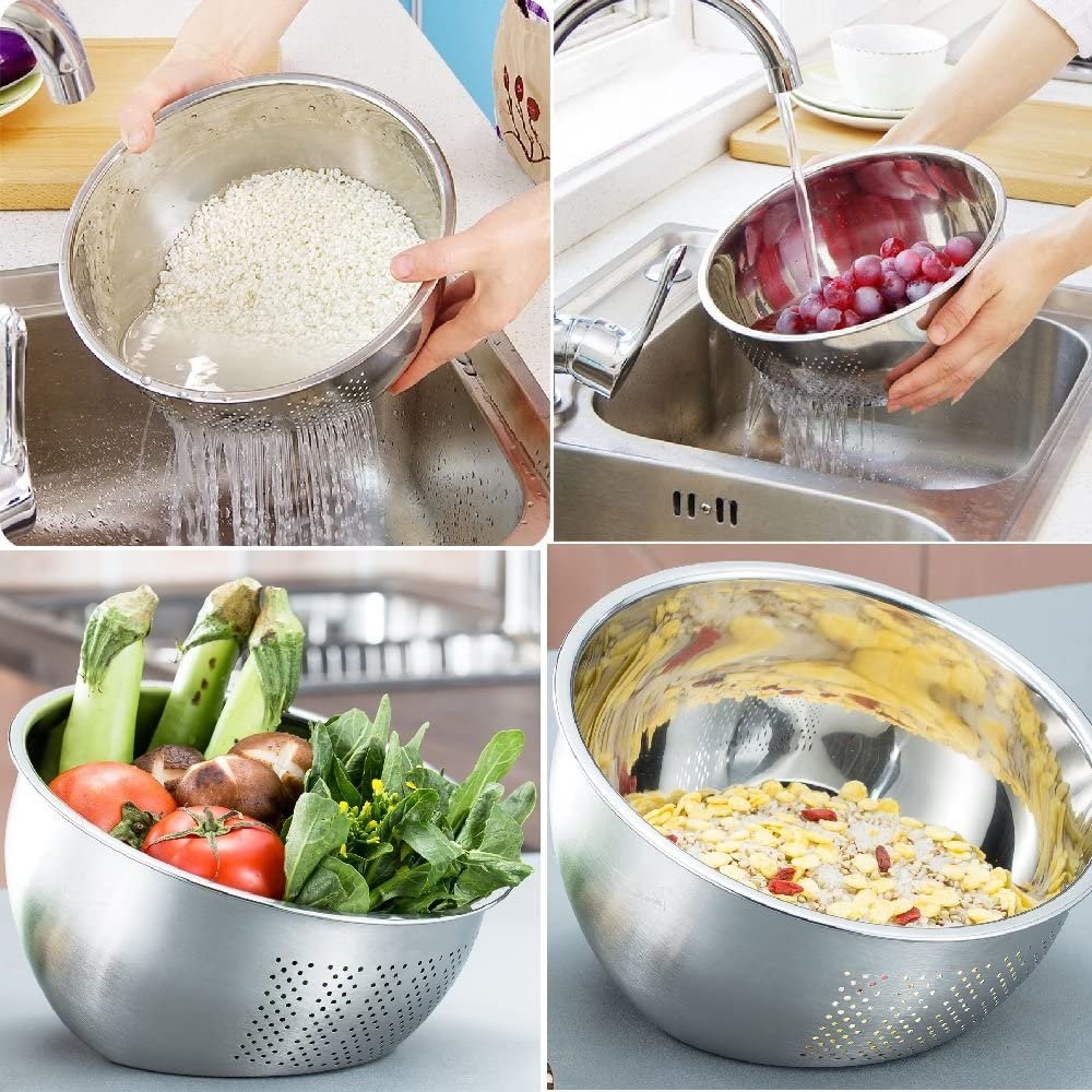 Maruefu 3-Way Stainless Steel Rice Washing Bowl with Strainer - Perfect for Washing, Draining & Storing Rice - Ideal for Asian Cooking & Meal Prep
