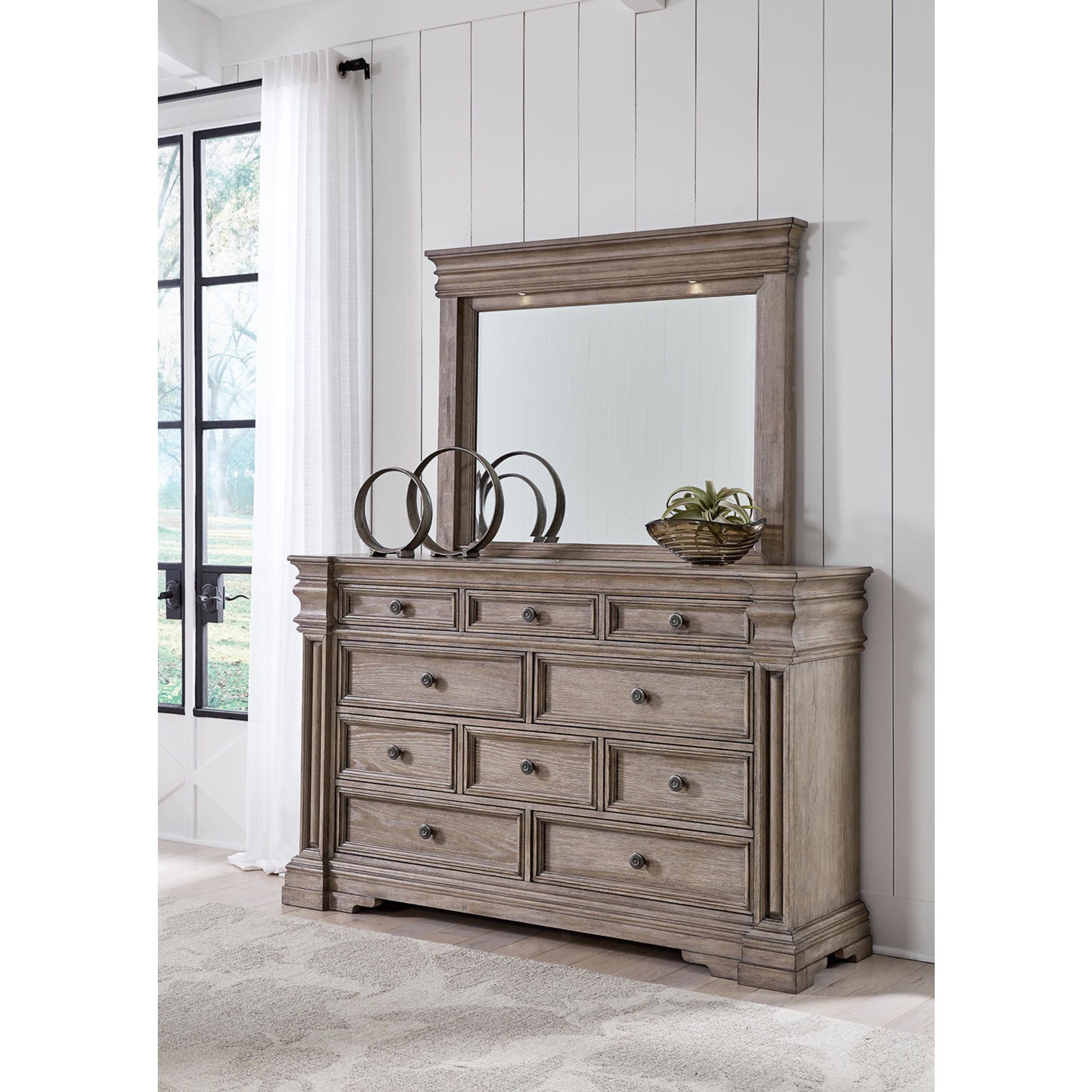 Blairhurst 6-Drawer Dresser with Mirror - Light Grayish Brown Finish for Bedroom & Living Room Storage