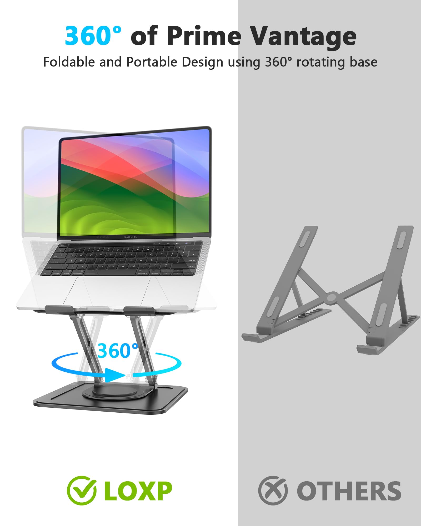 Ergonomic Adjustable Laptop Stand with 360° Rotating Base - Foldable Portable Computer Riser for MacBook Pro/Air (10-16 Inch) - Perfect for Home Office, Gaming & Workspace Setup - Black
