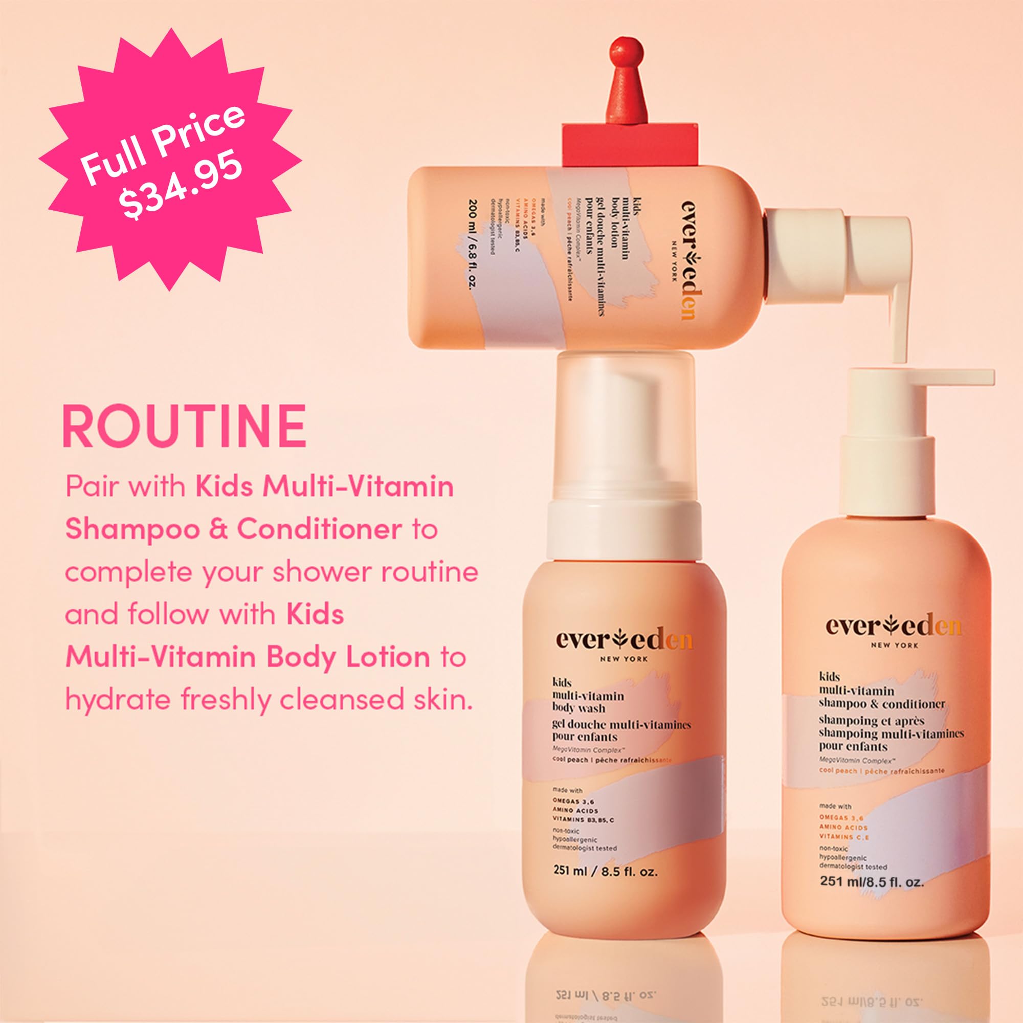 Evereden Kids 2-in-1 Shampoo & Conditioner + Body Wash Set | Gentle, Non-Toxic Baby Care | Cool Peach Scent | Perfect for Daily Bath Time & Sensitive Skin