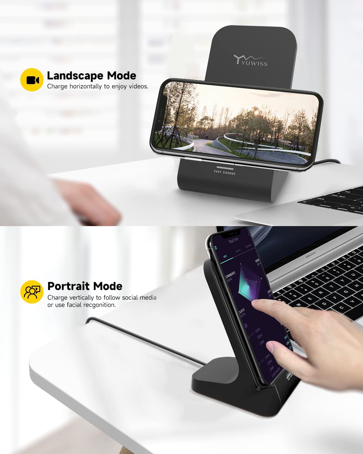 10W Max Fast Wireless Charger Stand for iPhone 14/13/12/11/X/8 Series & Samsung Galaxy - Adjustable Phone Holder with LED Indicator for Bedside, Office & Car Use
