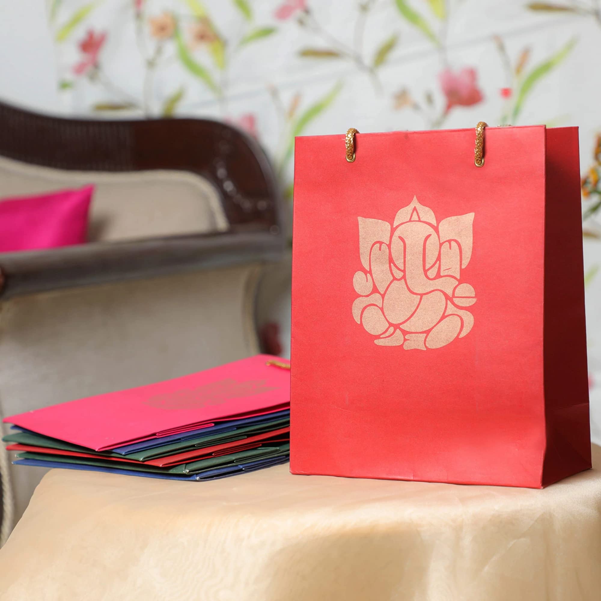 Eco-Friendly Ganesha Printed Indian Gift Bags - 9.84x7.85 Inch Party Favor Bags for Diwali, Pooja, Housewarming & Wedding Return Gifts (Pack of 4) - Perfect for Festivals, Religious Ceremonies & Special Occasions