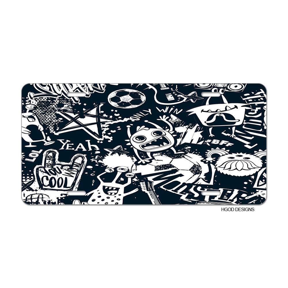 HGOD DESIGNS Graffiti License Plate - Abstract Urban Art with Monster, Soccer Ball, Stars, Guitar & Record Player - 6x12 Inch Decorative Car Front Plate for Automotive Enthusiasts & Street Art Lovers