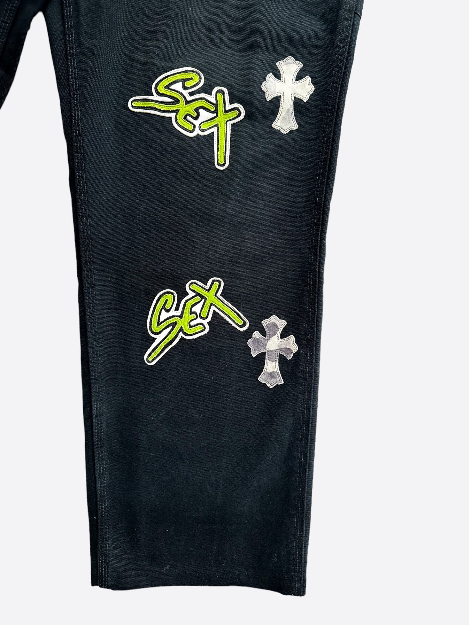Chrome Hearts x Carhartt Black Camo Cross Patch Carpenter Work Pants - Durable Utility Pants for Construction, Workwear & Streetwear Fashion