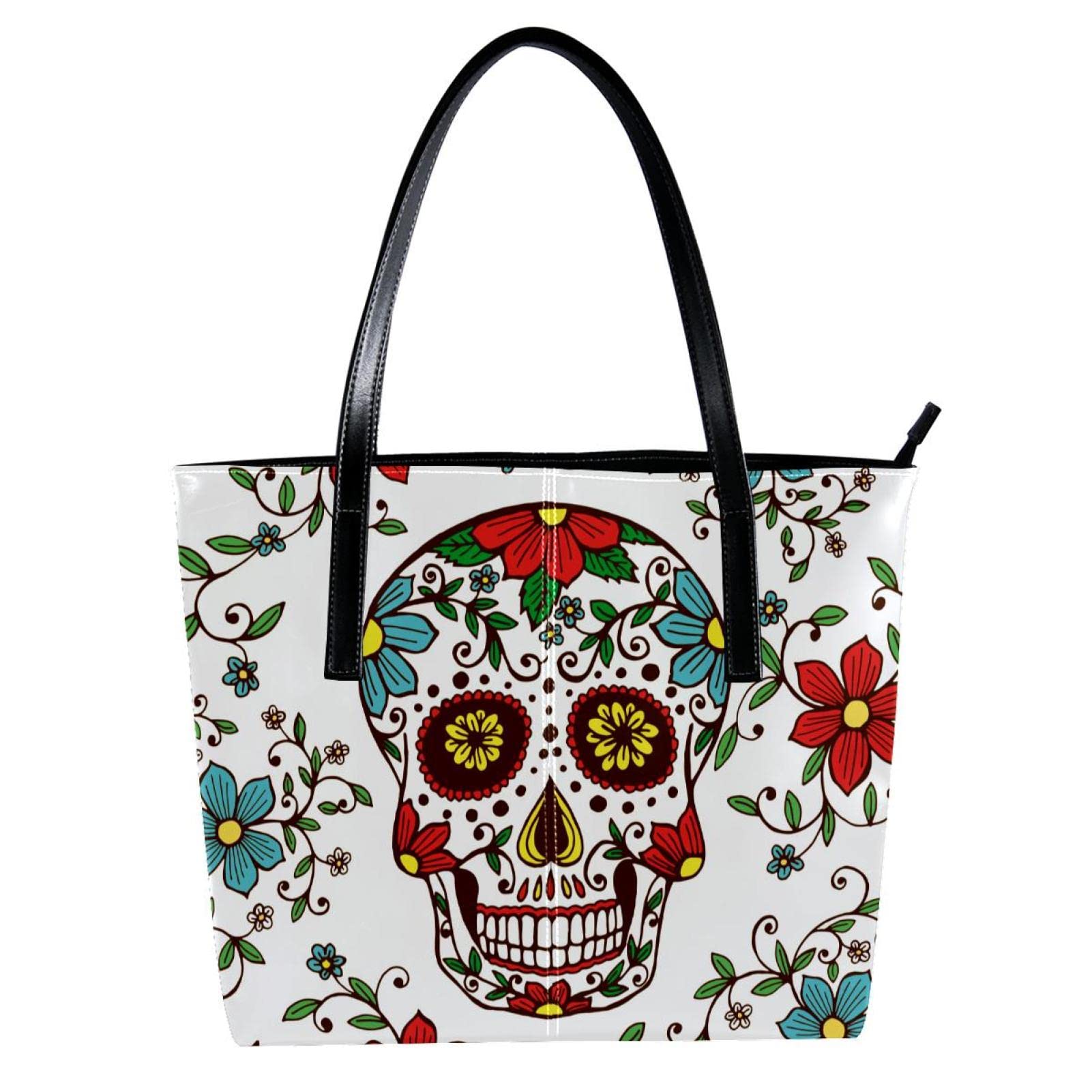 Stylish Skulls & Red Roses Leather Tote Bag for Women - Large Capacity Shoulder Purse for School, Work & Travel | Gothic Fashion Accessory