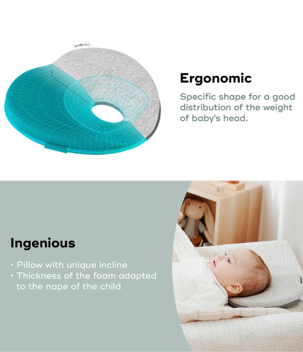 Babymoov Lovenest Baby Pillow for Flat Head Prevention - Newborn Head Support Cushion for Safe Sleep & Tummy Time (Grey) - Perfect for Crib, Stroller, and Car Seat Use