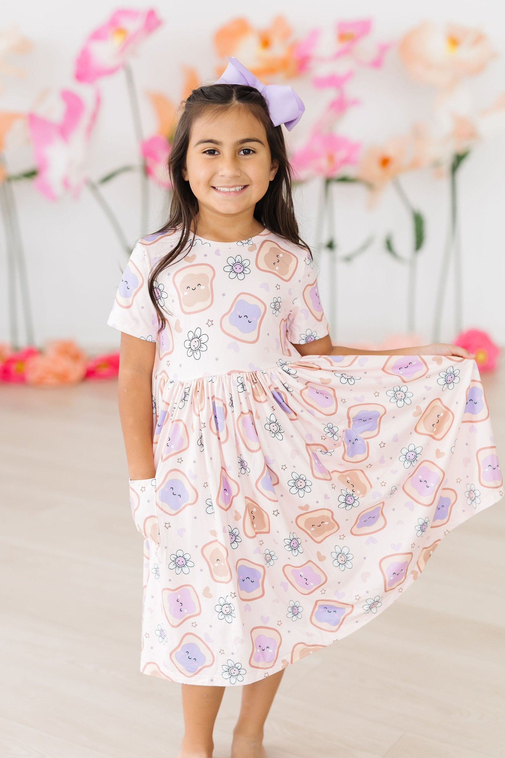 Peanut Butter Jelly Time Short Sleeve Pocket Twirl Dress - Fun Summer Swing Dress for Kids, Parties & Playtime