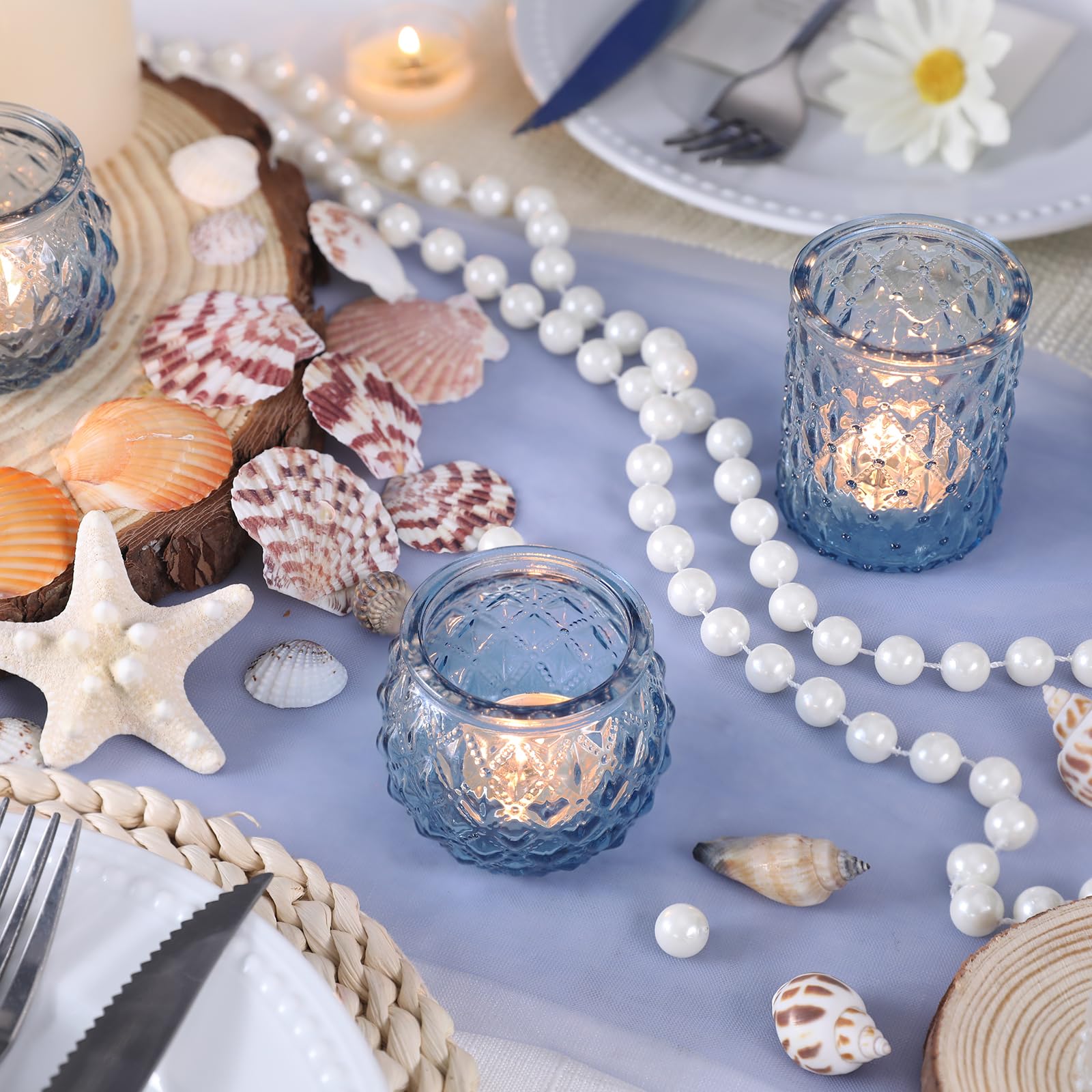 36-Piece Blue Glass Votive Candle Holders Set - Round Tea Light Holders Bulk for Wedding, Party & Home Decor - Perfect for Centerpieces, Table Settings, Romantic Ambiance & Gift Giving