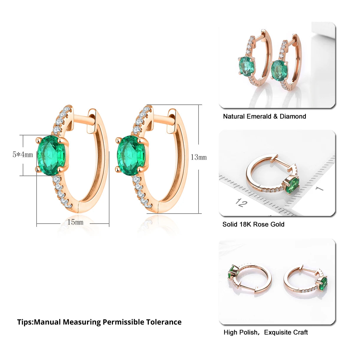 18K Rose Gold Earrings with 0.6 Carat Natural Emerald & 0.182 Carat Diamonds - Elegant Women's Jewelry for Weddings, Anniversaries & Special Occasions