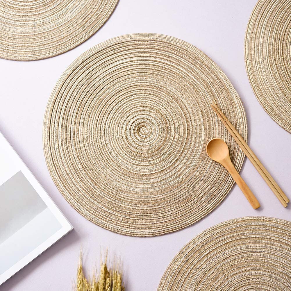 Round Woven Cotton Placemats Set of 4 - 14 Inch Dark Brown Heat-Resistant Table Mats for Dining, Kitchen & Home Decor - Washable & Reusable for Everyday Use