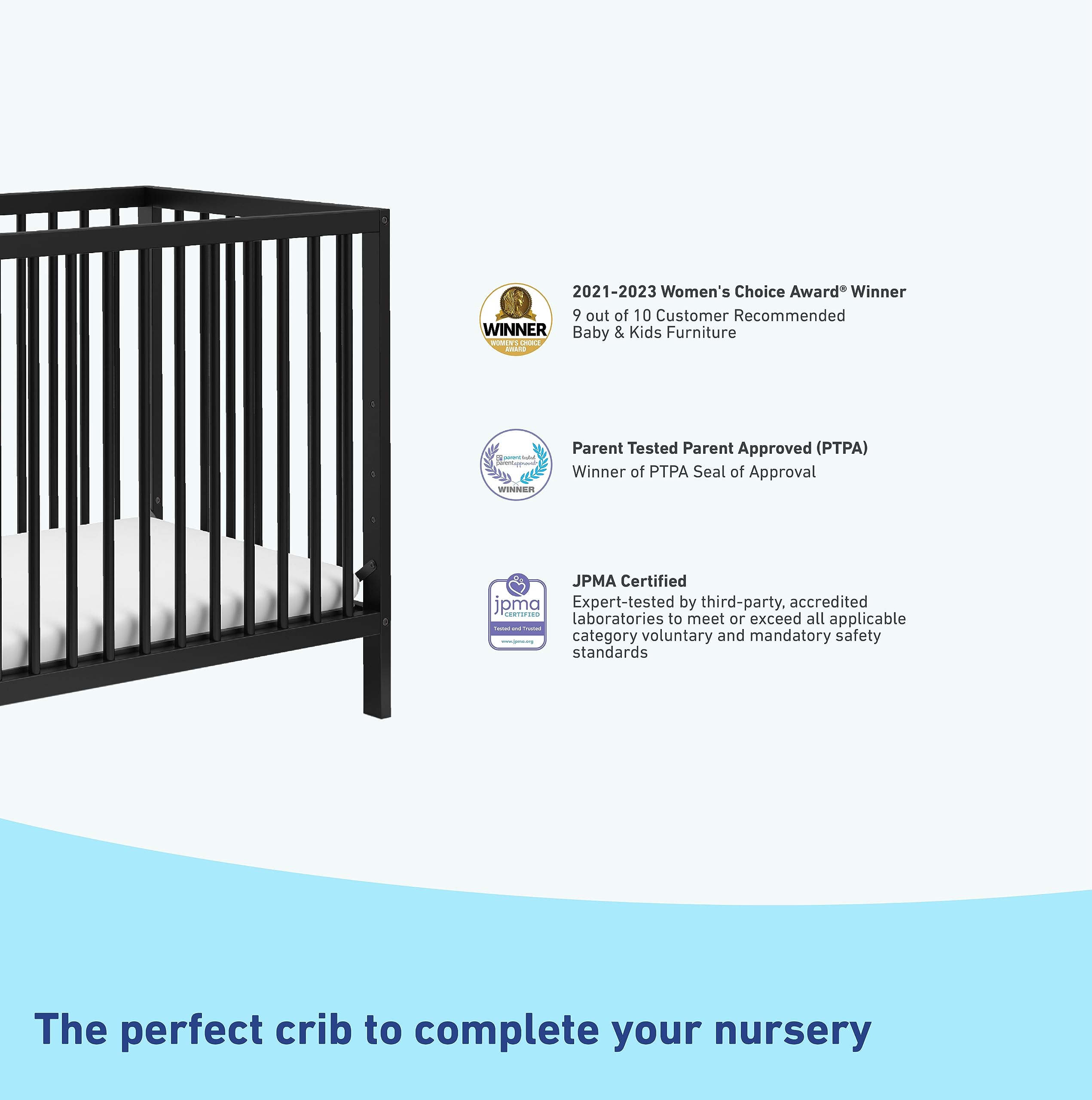 Graco Teddi 4-in-1 Convertible Mini Crib with Waterproof Mattress - GREENGUARD Gold Certified, Compact Nursery Bed for Small Spaces, Easy 30-Min Assembly (Black) | Perfect for Apartments, Daycares & Travel | Includes 2.75-Inch Mattress