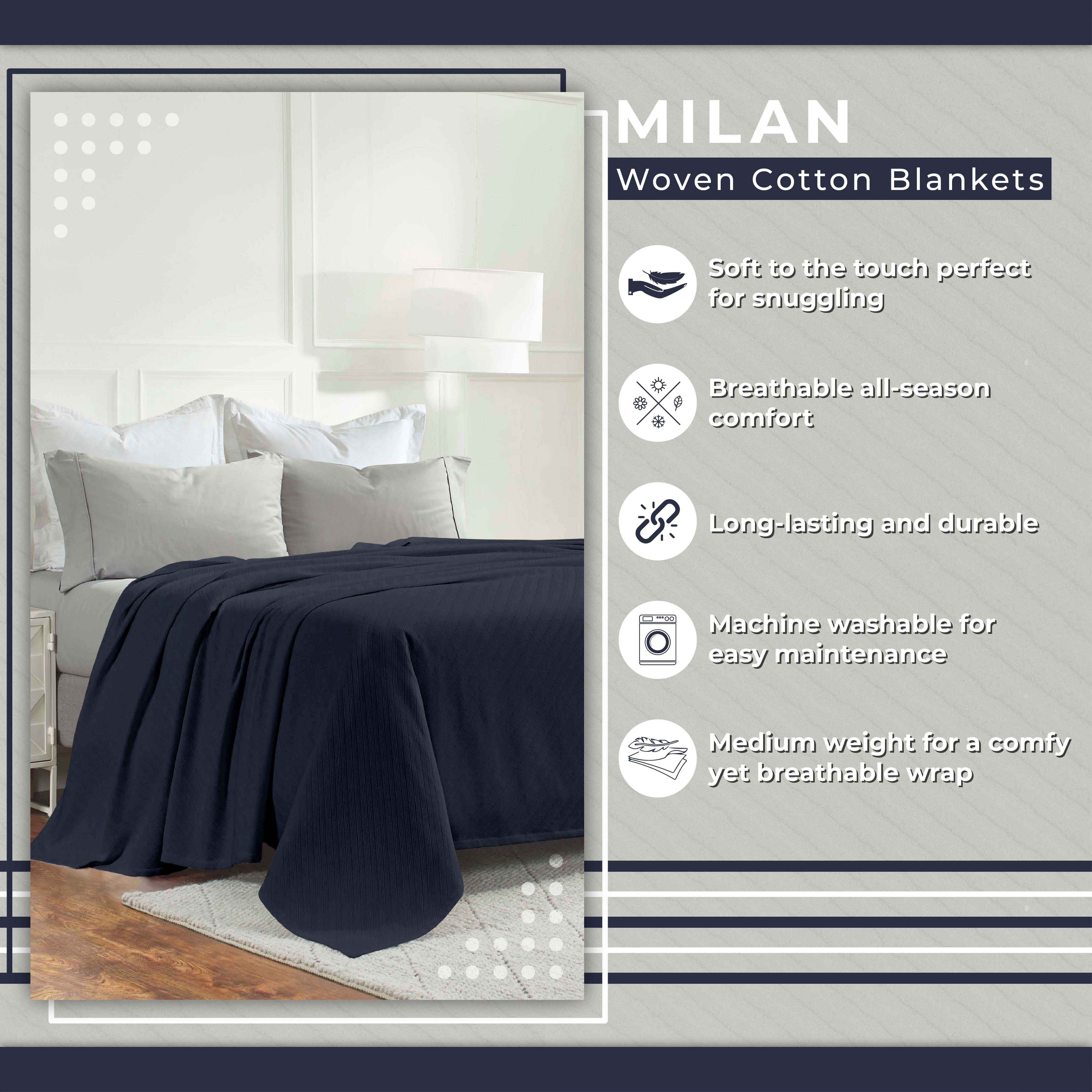 Soft Milan Cotton Textured Striped Lightweight Woven Blanket - Perfect for Sofa, Bed & Outdoor Picnics - Breathable & Cozy Throw