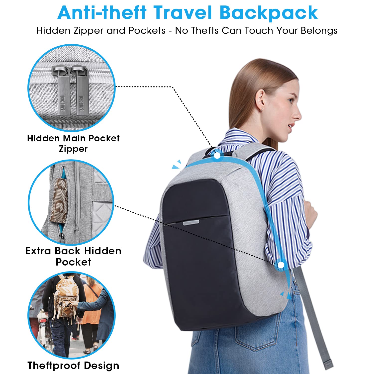 OSCAURT Anti-Theft Backpack 15.6 Inch Laptop Backpack - Waterproof Travel Backpack with Hidden Zipper & USB Charging Port - Business Computer Bag for Men & Women - Perfect for Commuting, Work, School & Travel