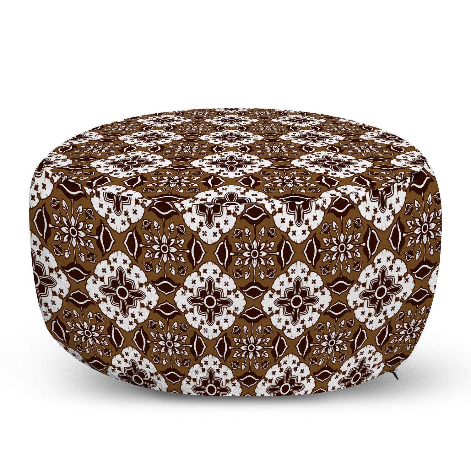 Ambesonne Chocolate Ottoman Pouf - Brown Batik Floral Pattern Foot Rest with Removable Cover for Living Room & Bedroom - Dark Brown & White Decor - Perfect for Lounging, Reading Nook & Home Accent