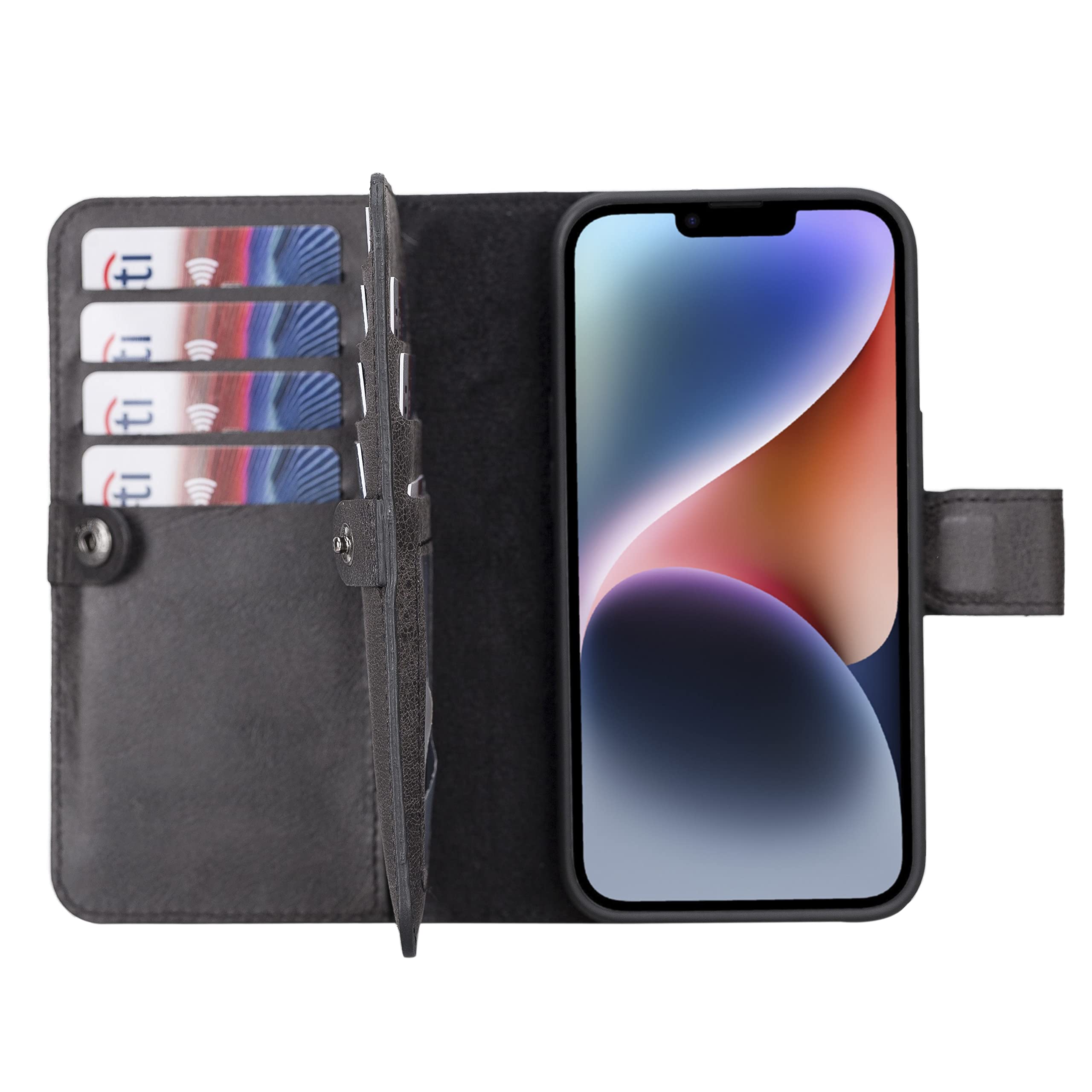 Premium iPhone 14 Bi-Fold Wallet Case with MagSafe - Handmade Genuine Leather Magnetic Flip Cover with Card Slots | Detachable & Customizable Double Fold Design (Black) | Perfect for Business Travel & Everyday Use
