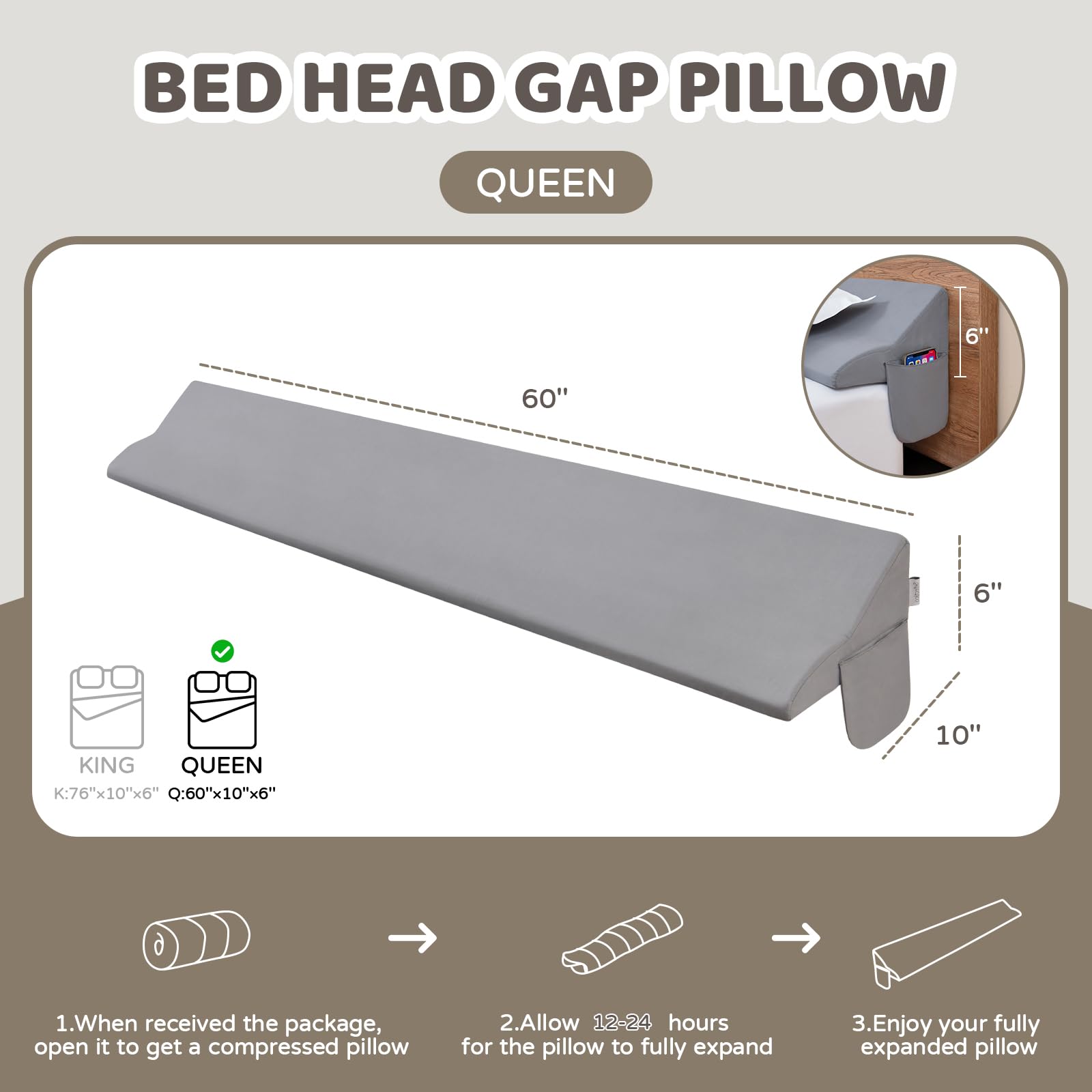 Queen Size Bed Wedge Pillow for Headboard Gap Filler - 60