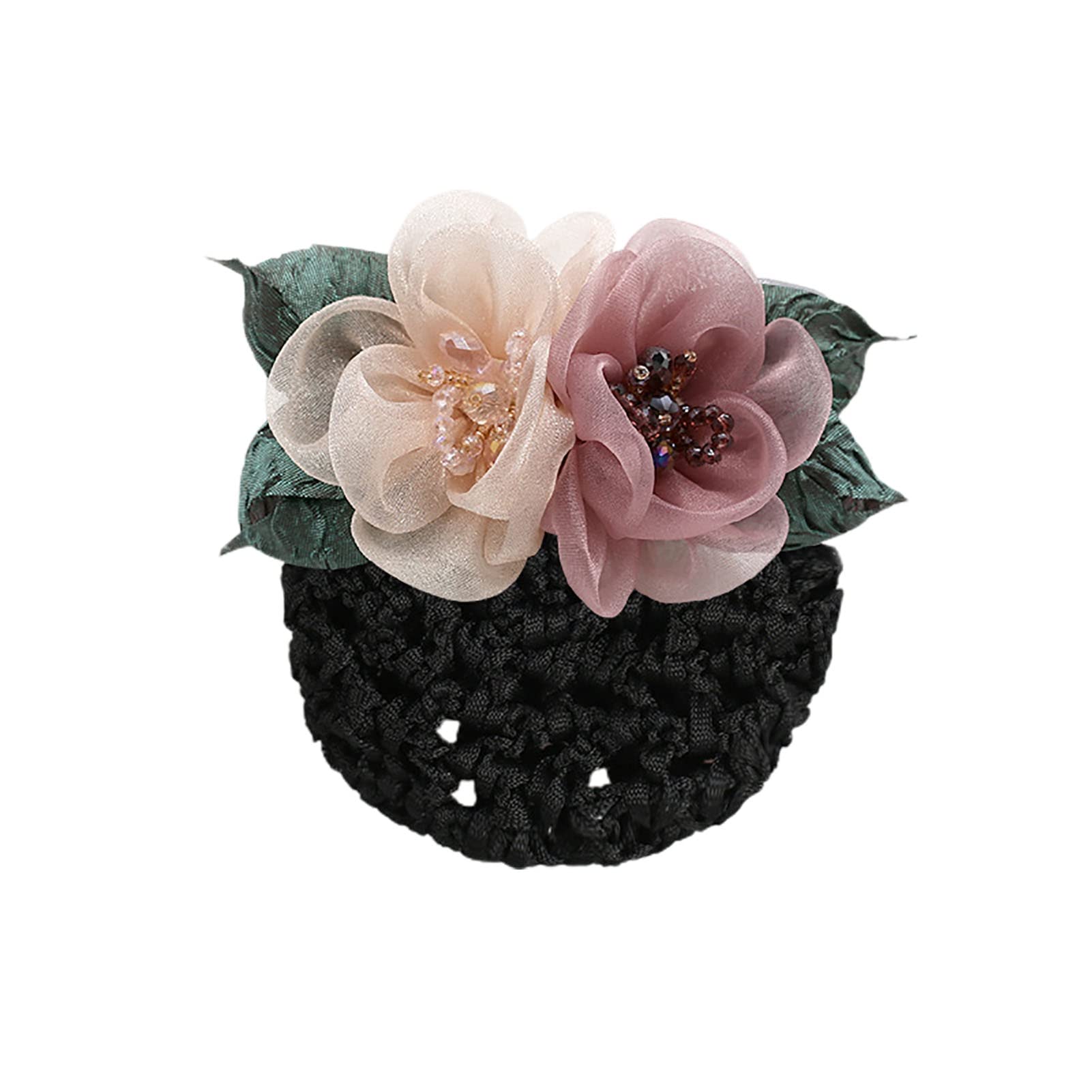 Elegant Crystal Crochet Bun Net Snood with Ribbon Flower Hairpins - Lace Bow Hair Clips & Elastic Mesh Hair Net for Women & Girls (Pink) | Perfect for Office, Weddings, Parties & Everyday Hairstyling