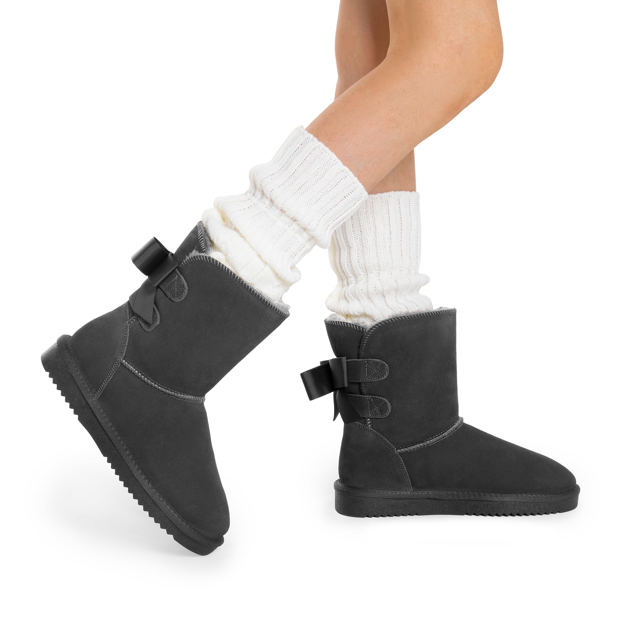 DREAM PAIRS Women's Winter Snow Boots - Genuine Suede Leather with Faux Fur Lining & Memory Foam - Warm Fuzzy Bow Ankle Booties for Women - Perfect for Outdoor Winter Activities & Indoor Comfort