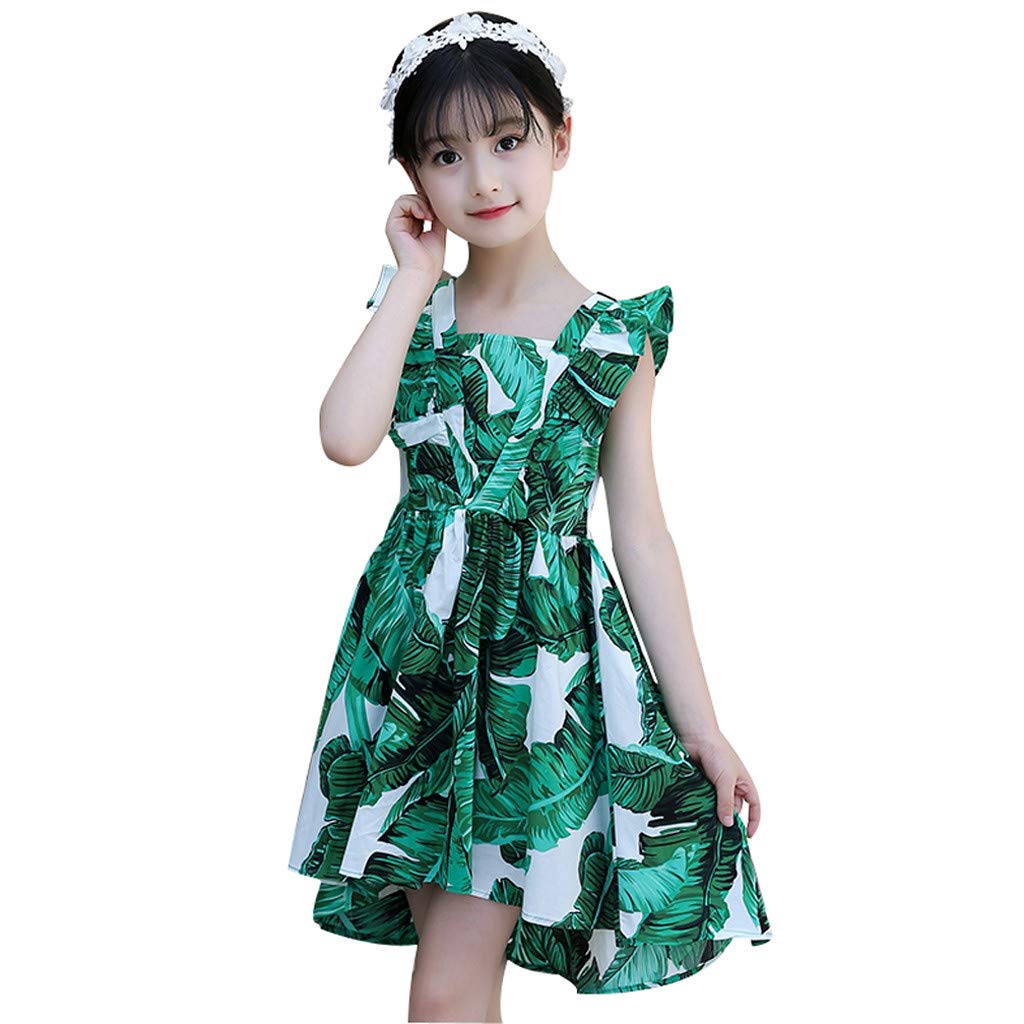 Hawaiian Tropical Sundress for Girls 4-12 Years - Sleeveless Leaf Print Ruched Summer Dress - Casual Beachwear for Kids & Teens - Perfect for Vacations, Parties & Outdoor Adventures