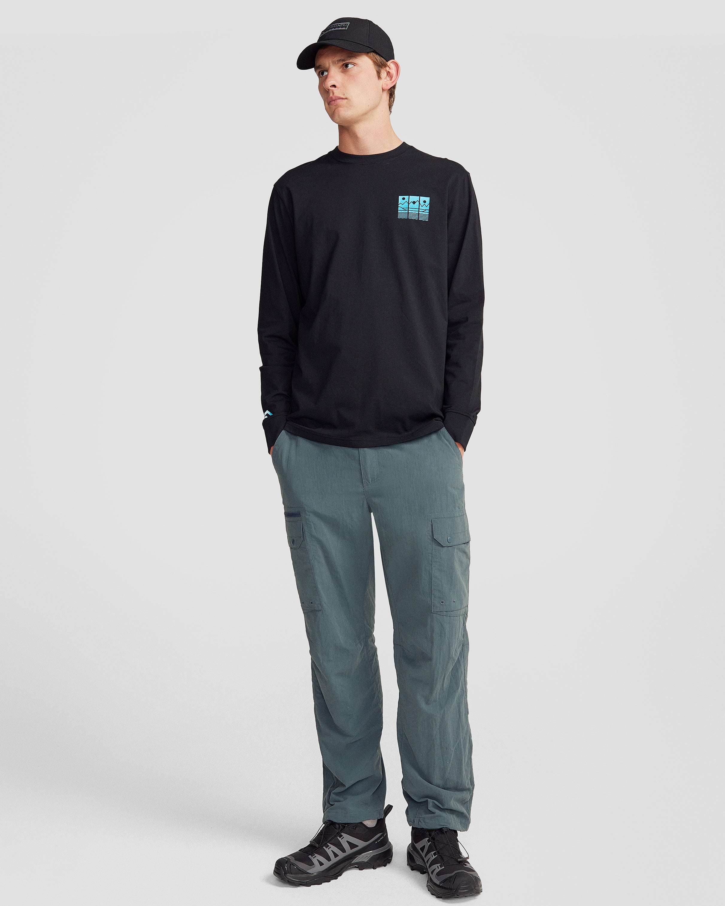 Men's Mountain Triptych Organic Cotton Long Sleeve T-Shirt - Black Stingray - Hiking, Camping & Outdoor Adventure Apparel