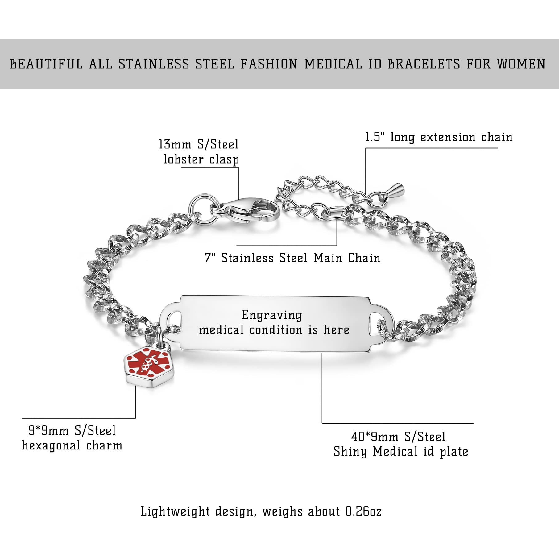 LinnaLove Engravable Medical Alert Bracelet for Women - Shining Cutting Chain Design - Ideal for Emergency ID, Diabetes & Allergy Warnings (Perfect for Daily Wear & Outdoor Activities)