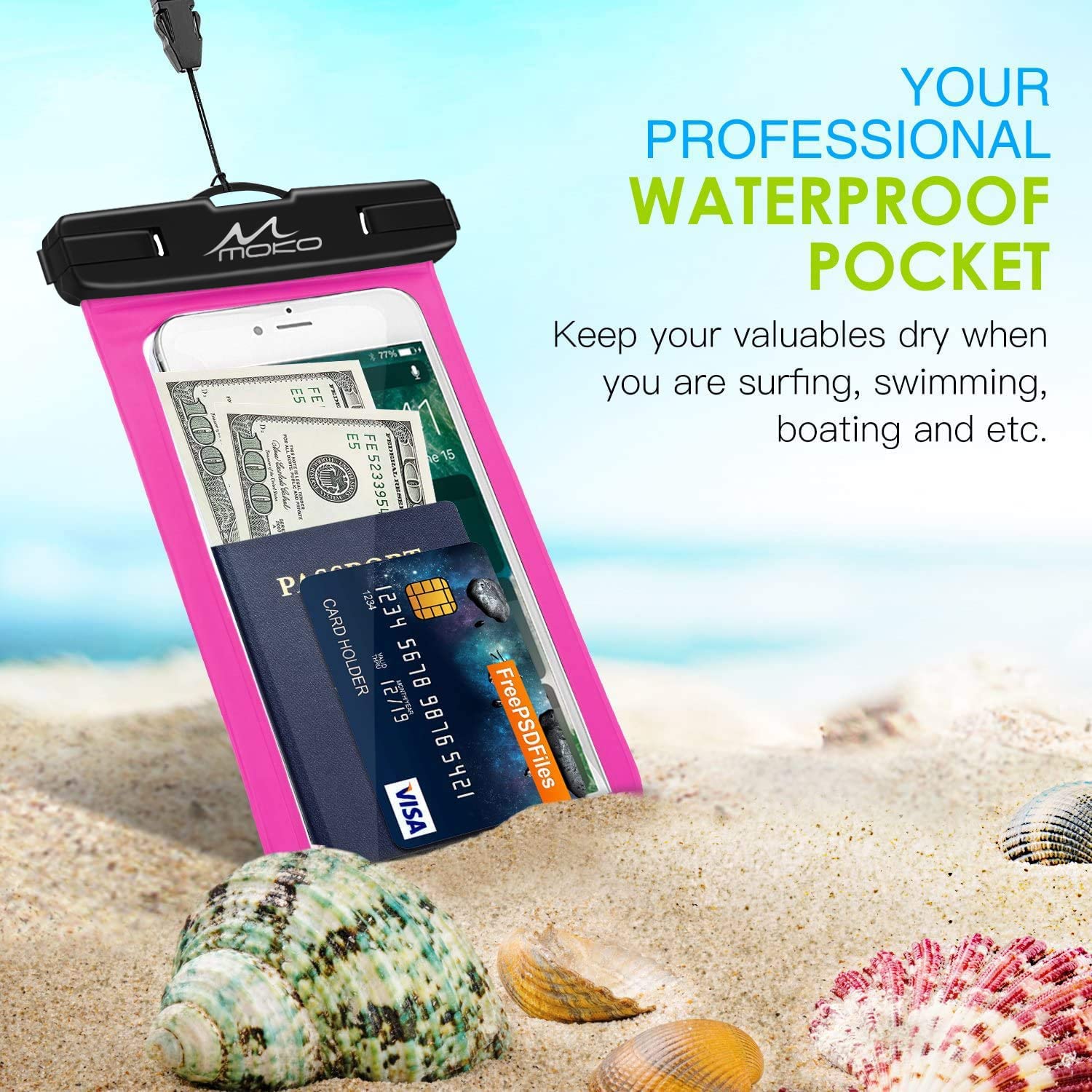 Waterproof Phone Pouch 2 Pack - Underwater Phone Case Dry Bag with Adjustable Lanyard & Armband - Compatible with iPhone 16/15/14/13/12/11 Pro Max/X/Xr/Xs/SE 3 & Samsung S24/S23/S21/S10 (Black+Magenta) - Perfect for Swimming, Beach, Kayaking & Outdoor Activities