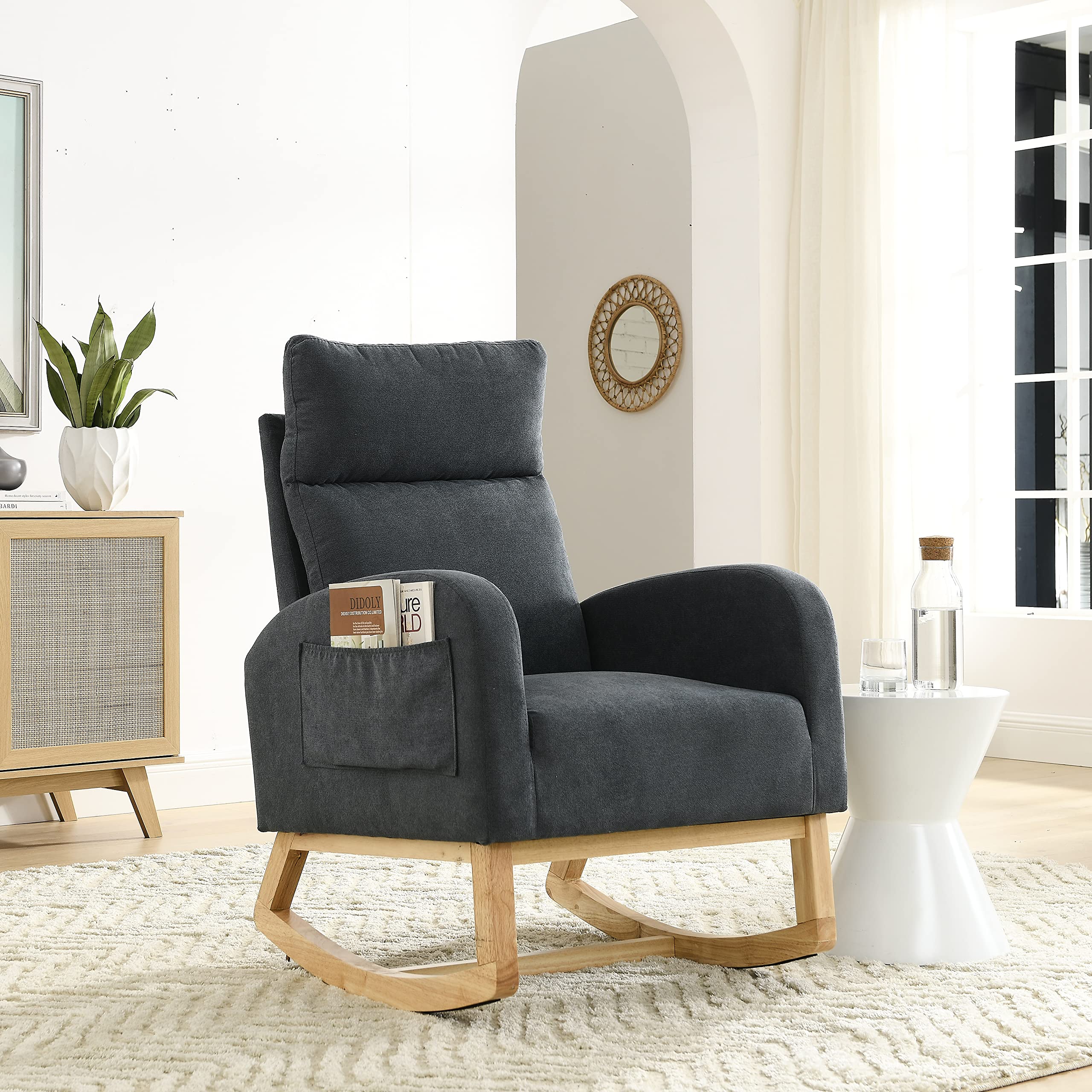 Yoglad Modern Upholstered Rocking Chair - Nursery Glider with Side Pocket, Mid-Century Design Armchair for Baby Room, Kids Bedroom & Living Room (Dark Grey, 27