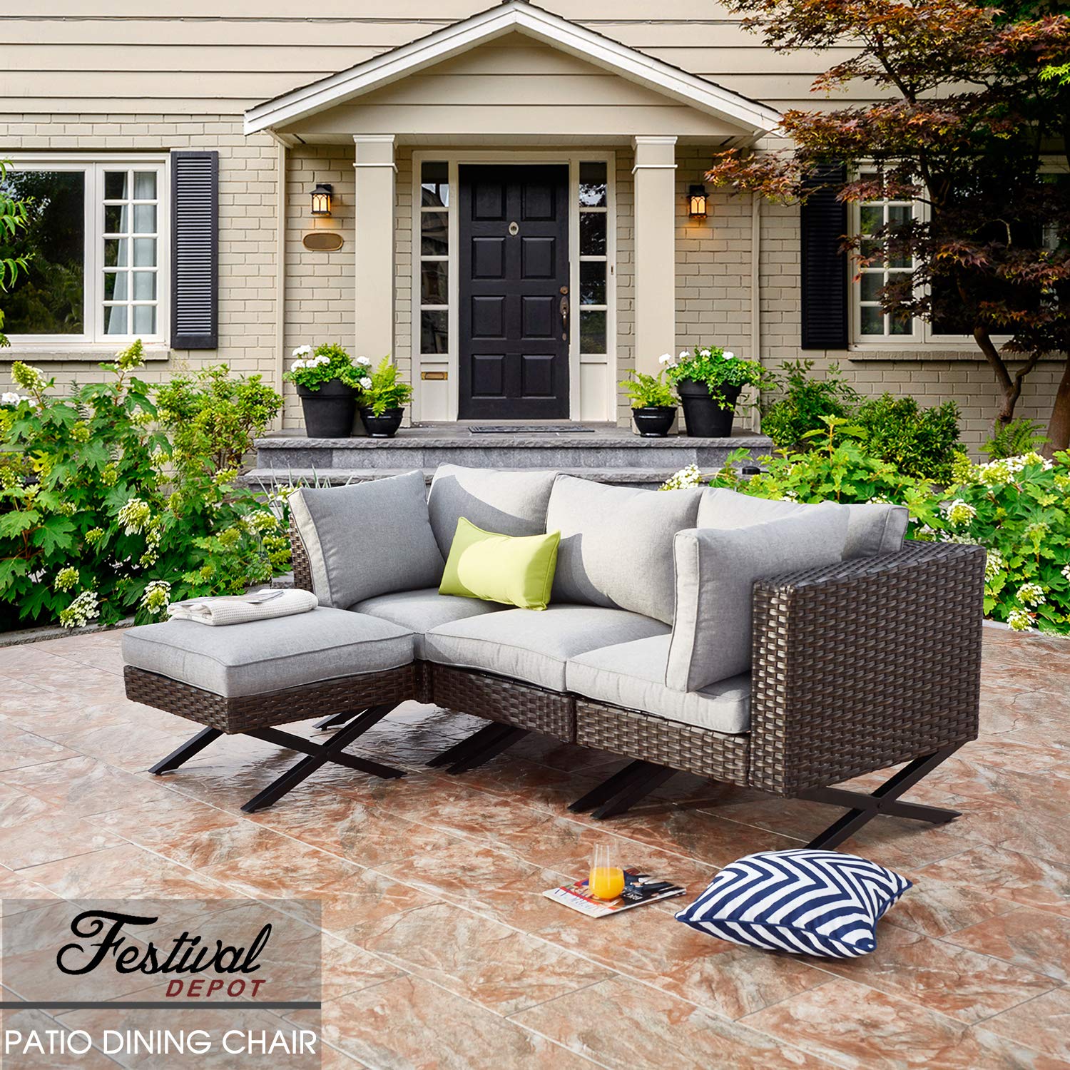 Festival Depot Wicker Patio Chair with Right Armrest - Rattan Dining Chair with Thick Cushions & X-Shaped Steel Legs - All-Weather Outdoor Furniture for Garden, Yard, Poolside - Perfect for Relaxing, Dining, and Entertaining Outdoors