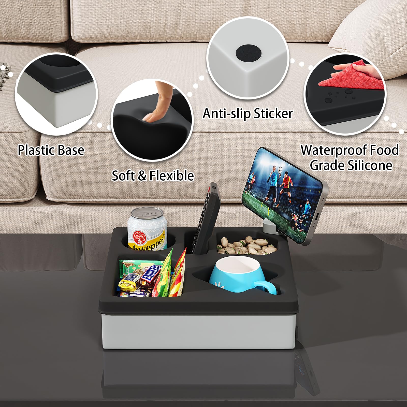 Rotatable Couch Caddy with Phone Holder - Sofa & Bed Cup Holder Tray Organizer - Waterproof Drink Holder for Beverages, Snacks & Remote Control - Perfect for Living Room, Bedroom & Home Theater (Black)