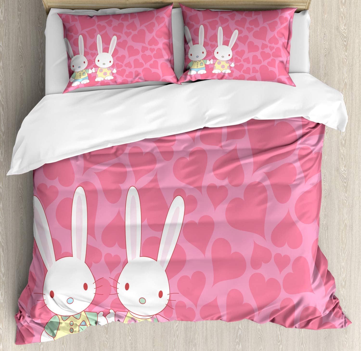 Ambesonne Bunny Duvet Cover Set - King Size 3-Piece Bedding with Romantic Valentine's Day Hearts & Dressed Bunny Couple Design, Includes 2 Pillow Shams - Perfect for Valentine's Gifts, Couples Bedroom Decor & Spring Home Decorating