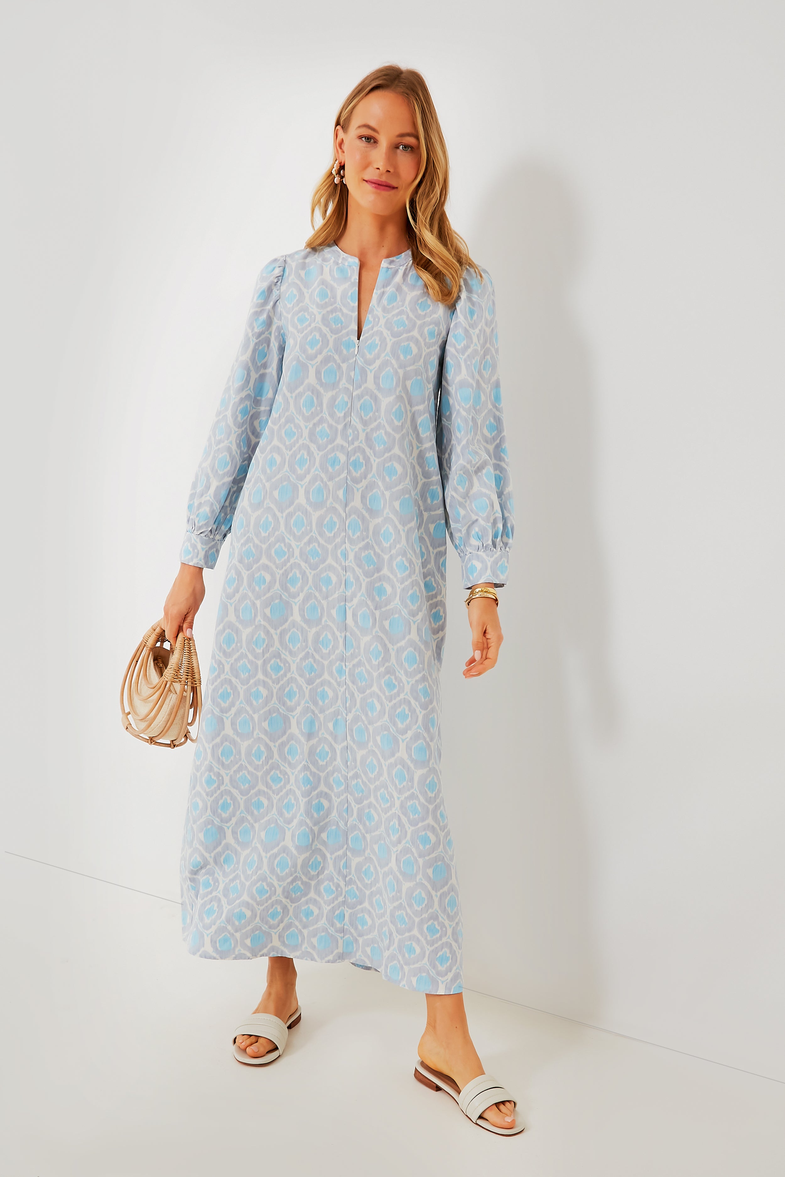 Blue Ikat Print Zipper Zadie Maxi Dress for Women - Boho Chic Floral Long Dress with Side Pockets for Beach Vacation, Summer Parties & Casual Outings