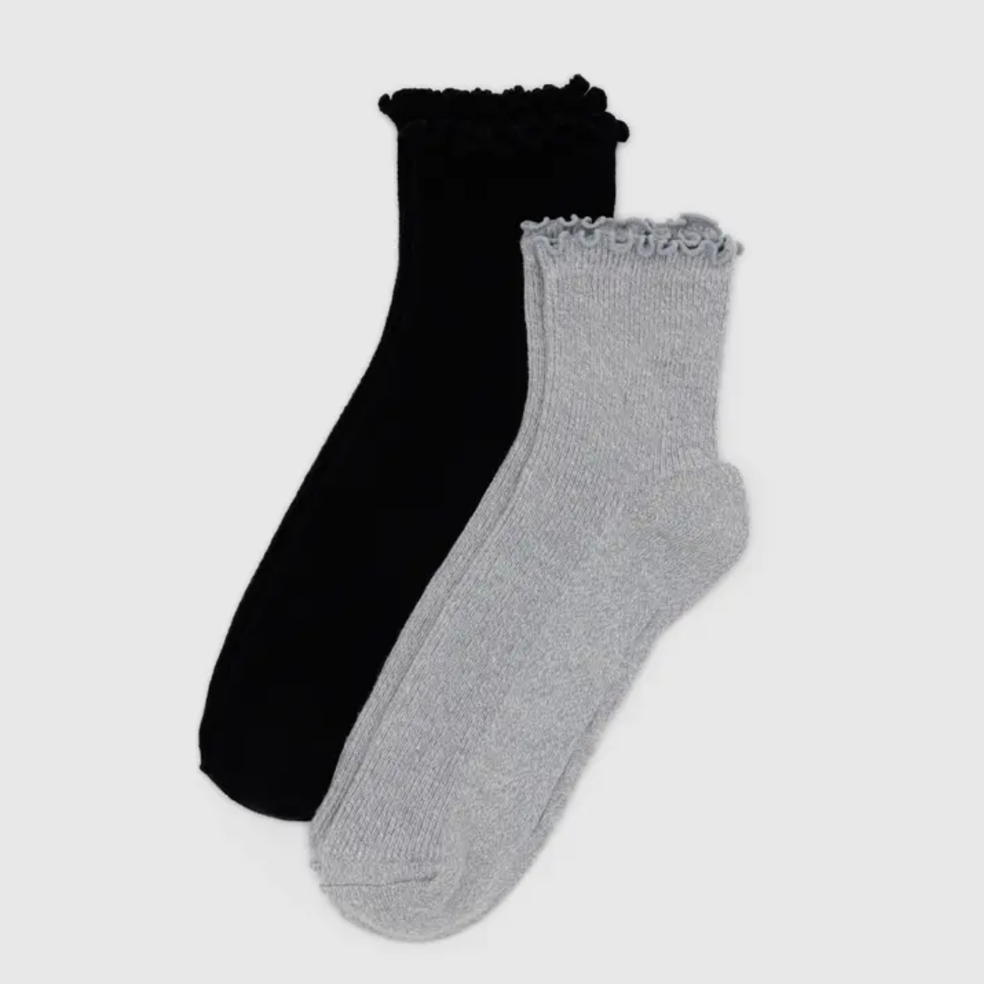 BAGGU Lettuce Edge Socks - 2 Pack (Grey & Black) - Comfortable & Stylish Ankle Socks for Women - Perfect for Casual Wear, Workouts & Everyday Use