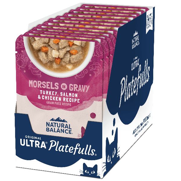 Natural Balance Platefulls Turkey, Salmon & Chicken Recipe Morsels in Gravy - Grain-Free Soft Cat Food Pouches for Adult & Senior Cats - Perfect for Picky Eaters & Mealtime Hydration