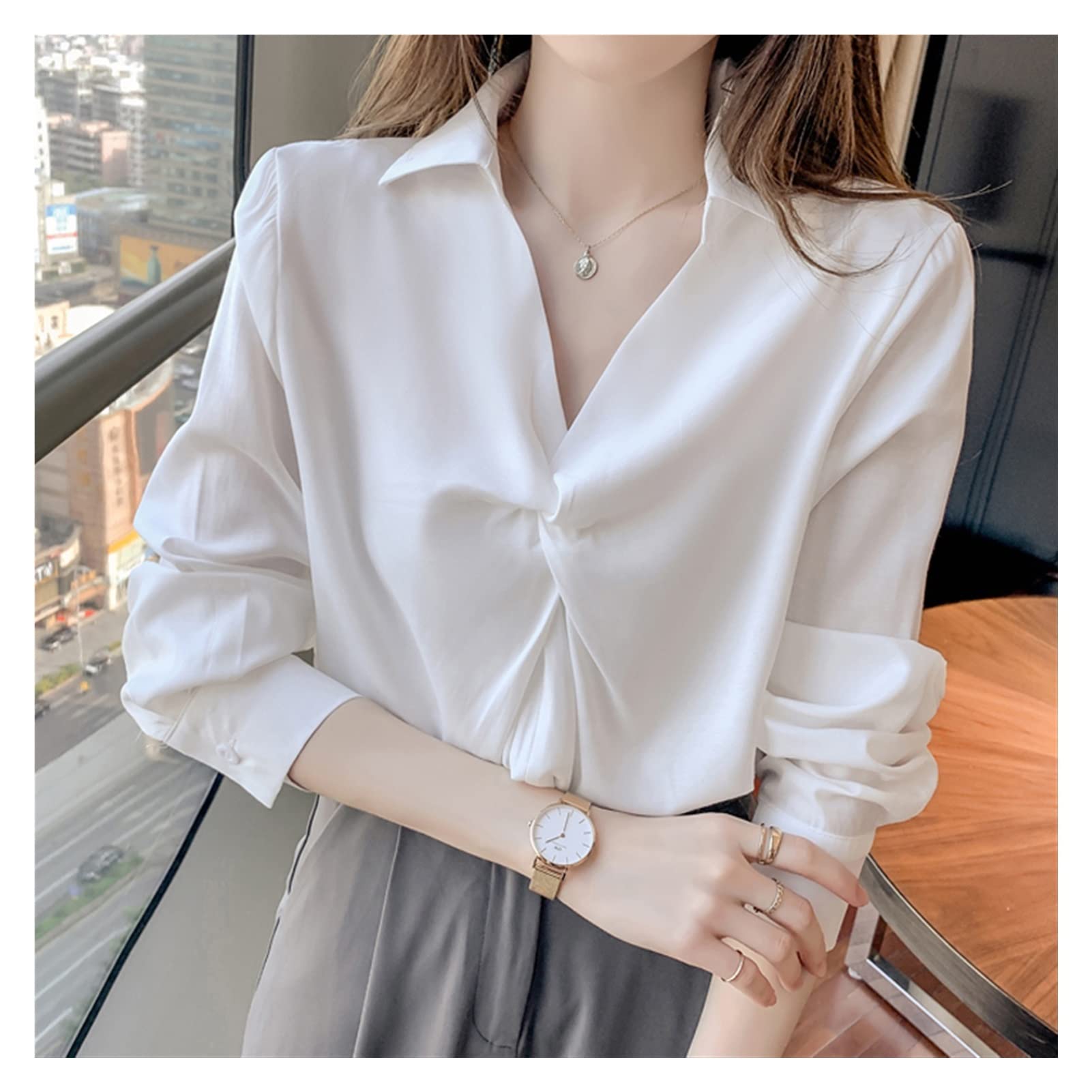 Elegant White Chiffon Blouse for Women - V-Neck Long Sleeve Professional Shirt for Spring Office Wear & Business Casual Outfits (Size M)