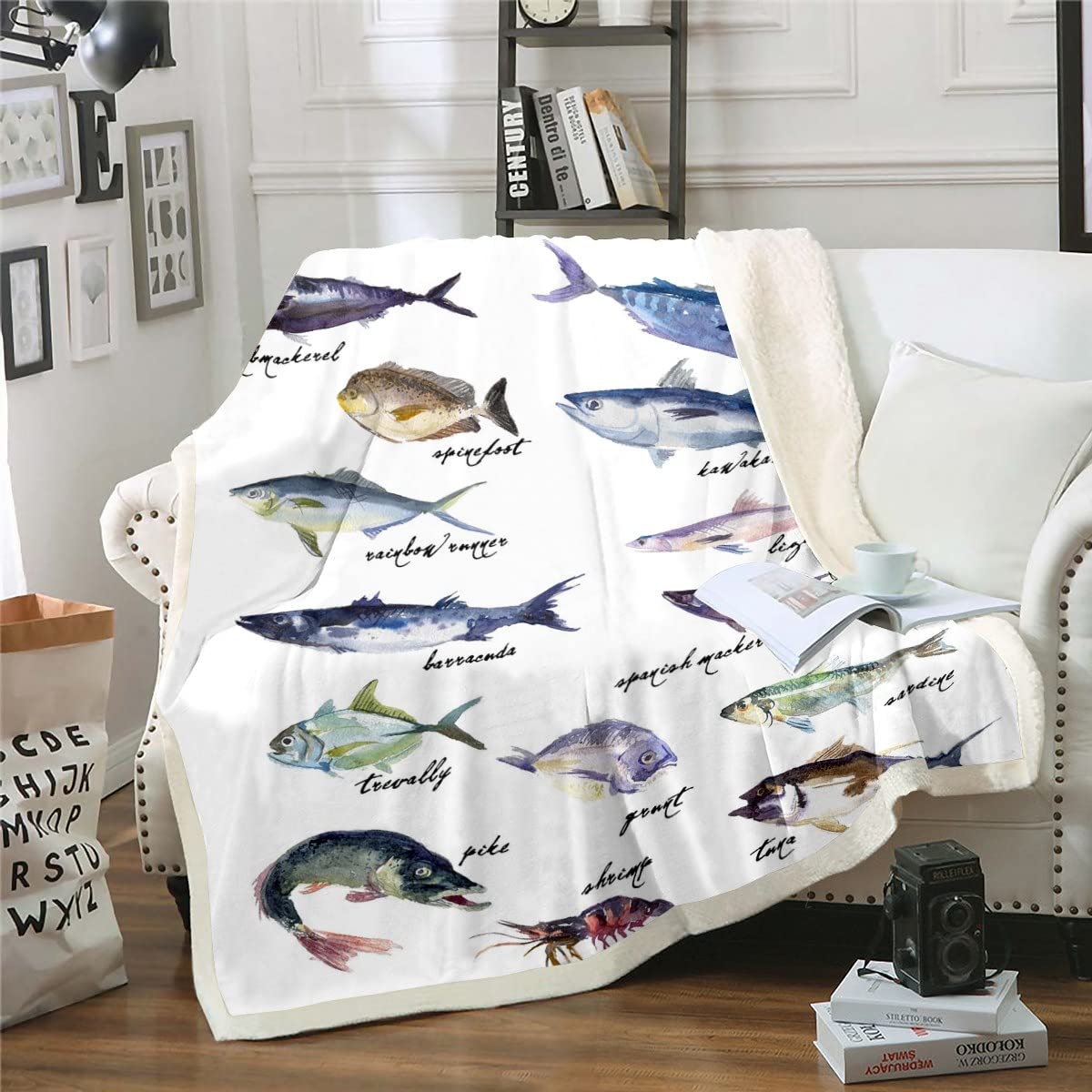 Ocean Animal Print Fleece Blanket - Soft Sherpa Hunting & Fishing Blanket with Watercolor Fish Design, Colorful Wildlife Throw for Sofa, Bed, or Outdoor Camping - Kids Nature Theme Flannel Blanket (White) - Perfect for Cozy Nights, Picnics, and Cabin Decor